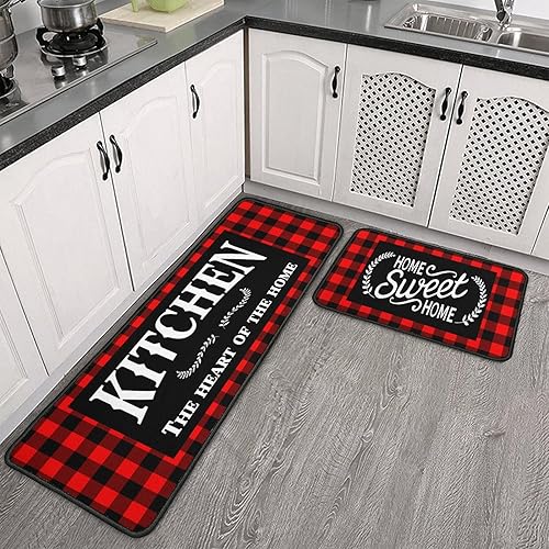 Framhouse - Juego de 2 alfombras y tapetes de cocina, a cuadros negros y rojos, antideslizantes, para decoración del hogar, cocina, Navidad, 17 x 29