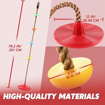 TURFEE Climbing Rope Tree Kids Swing with Platforms and Disc Swings Seat,Outdoor Indoor Backyard Playground Swingset Accessories Single Disk 6 Ft Outdoor Climbing Rope,Carabiner &4 Ft Tree Strap