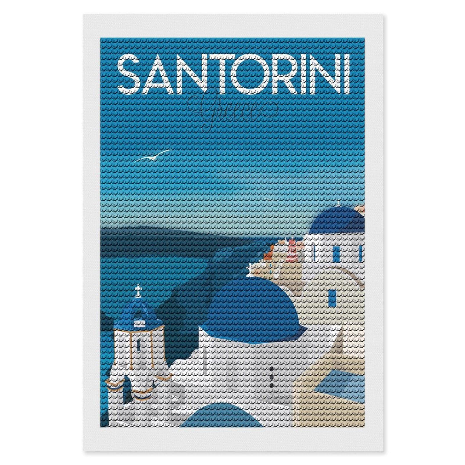 Junmoney Santorini Greece (2) Diamond Art Canvas 8"x12", Full Kit Included, Bedroom Decor, for Beginners, Thoughtful Handmade Gift
