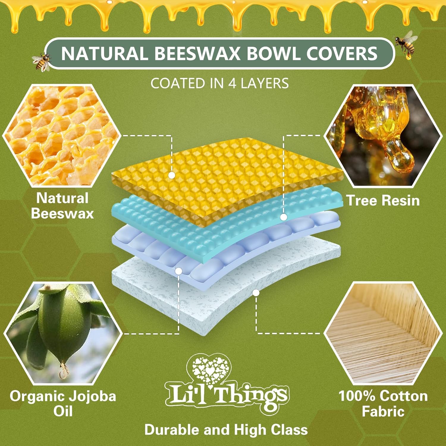 Li’l Things Beeswax Bowl Covers Set of 5 (XS–XL) – Reusable Bowl Covers for Food Storage – Organic Cotton Beeswax – Washable Plastic-Free Kitchen Bowl Covers – Fruity Fruit