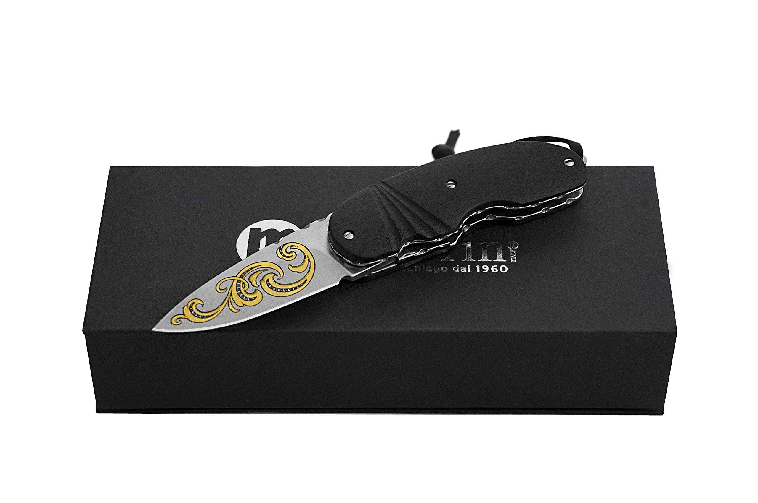 Maserin 387/KT Coltello collezione Manico EBANO,LAMA 60mm INCISA ORO 24KT. Made in Italy