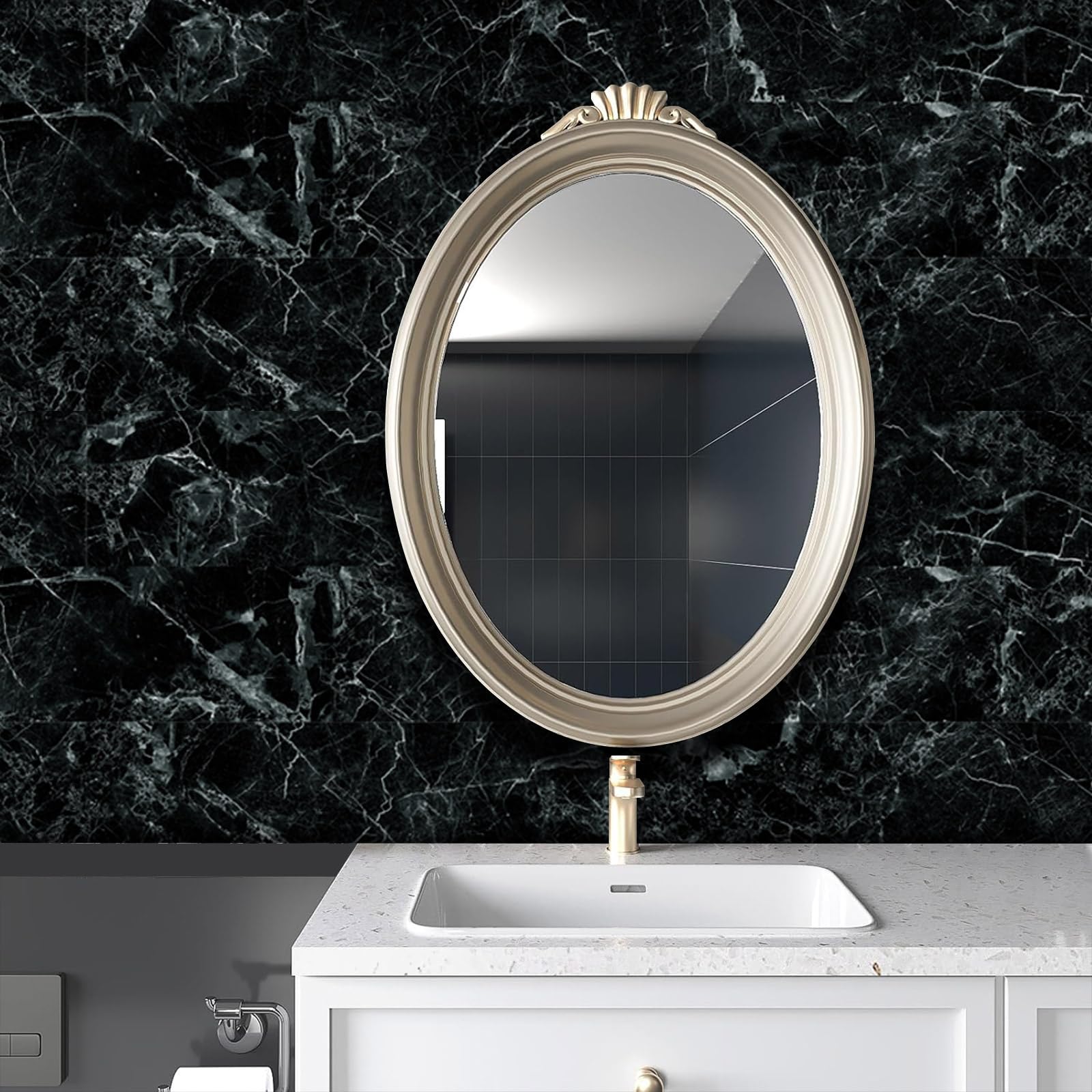 HLNIUC 16-Sheet Black Marble Peel & Stick Backsplash Tiles – 8x4 Inch Waterproof PVC Wall Stickers For Kitchen, Bathroom, And Shower, Granite Textured