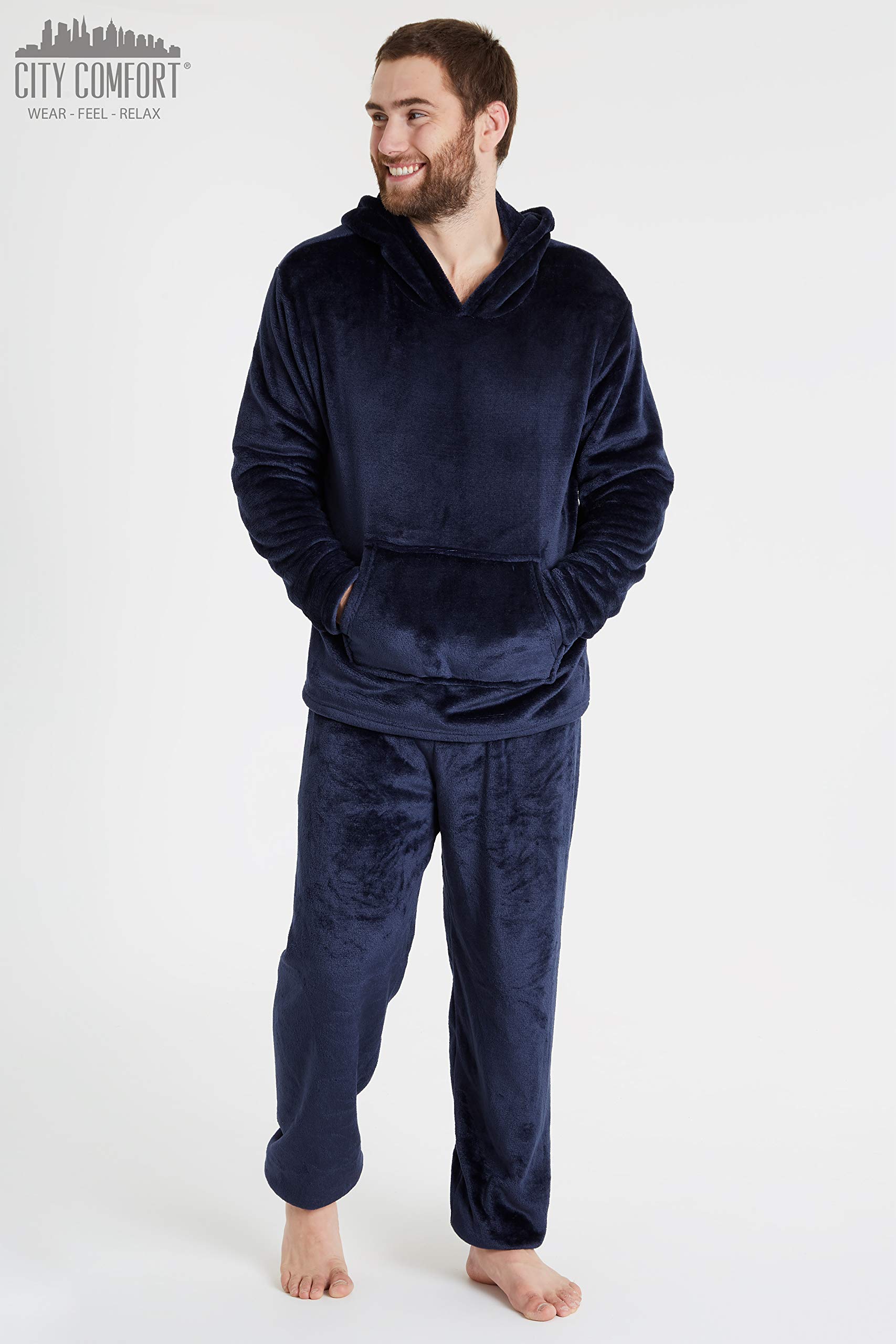 CityComfort Pigiama Uomo Invernale Pile Caldo con Cappuccio, Pigiami Due Pezzi Lunghi M - 2XL, Idee Regalo di Natale