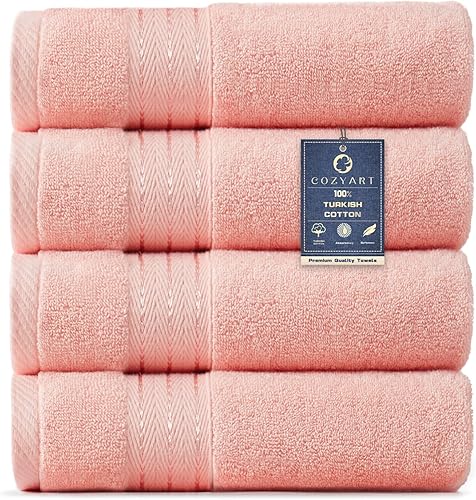 COZYART - Juego de 4 toallas de mano para baño de 100 % algodón, 13 x 30 pulgadas, color rosa, súper suaves, altamente absorbentes, duraderas, 19.17