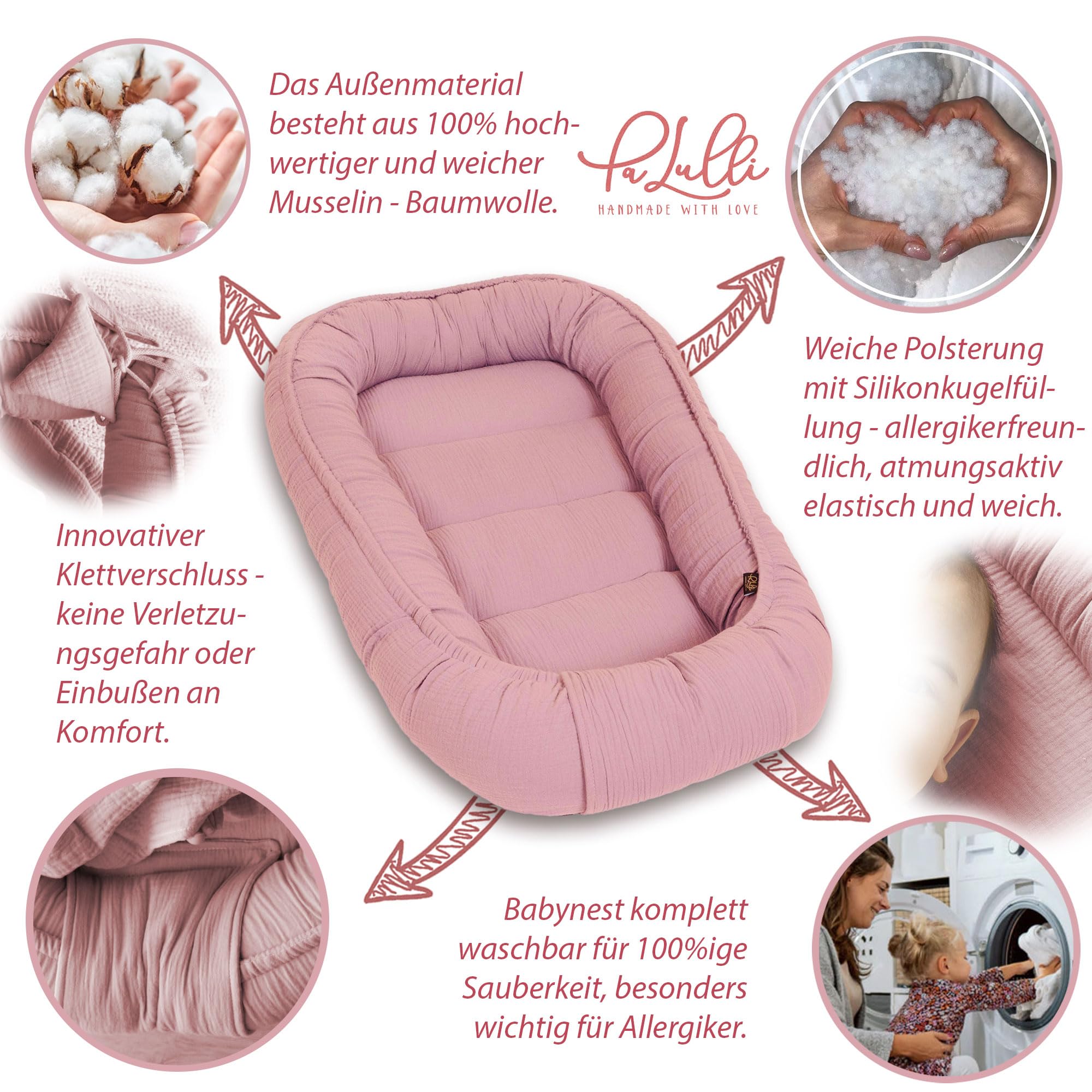 PaLulli Set 2 in 1, nido e coperta, 100% mussola, paracolpi per bambini, paracolpi per neonati, nido per bambini (rosa)
