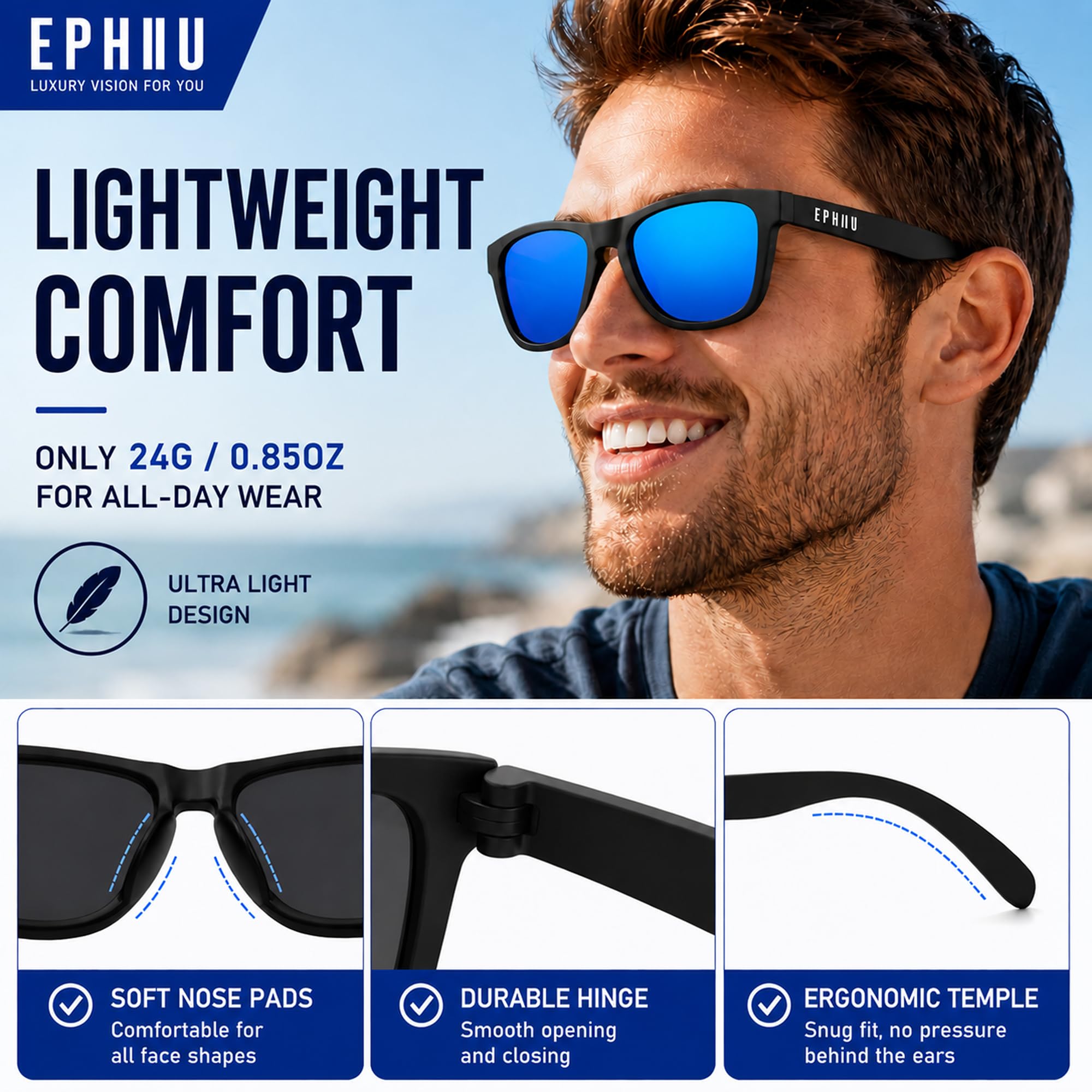 EPHIU Lentes de sol deportivos polarizados para hombres y mujeres, lentes de espejo para correr, senderismo, ciclismo (sin rebote, antideslizantes, cuadrados), Negro/Azul, Medium