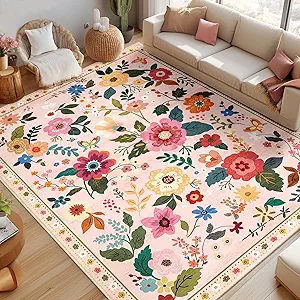 Floral 8x10 Area Rug Machine Washable Soft Print Boho Carpet Non Slip Doormat Low Pile Flower Area Rugs for Living Room Bedroom Nursery Kitchen Dining Room Indoor-Pink