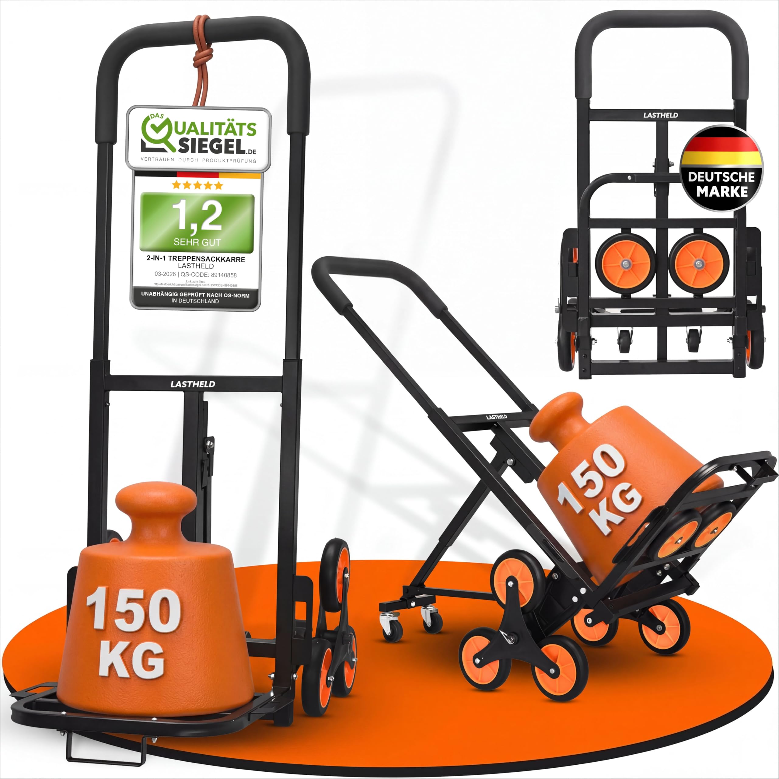 LASTHELD Sackkarre klappbar Treppensteiger | Treppensackkarre Transportkarre 2-in-1 | Treppenkarre Transportwagen Sackrodel Stapelkarre Treppenwagen faltbar | Stahl 150 kg