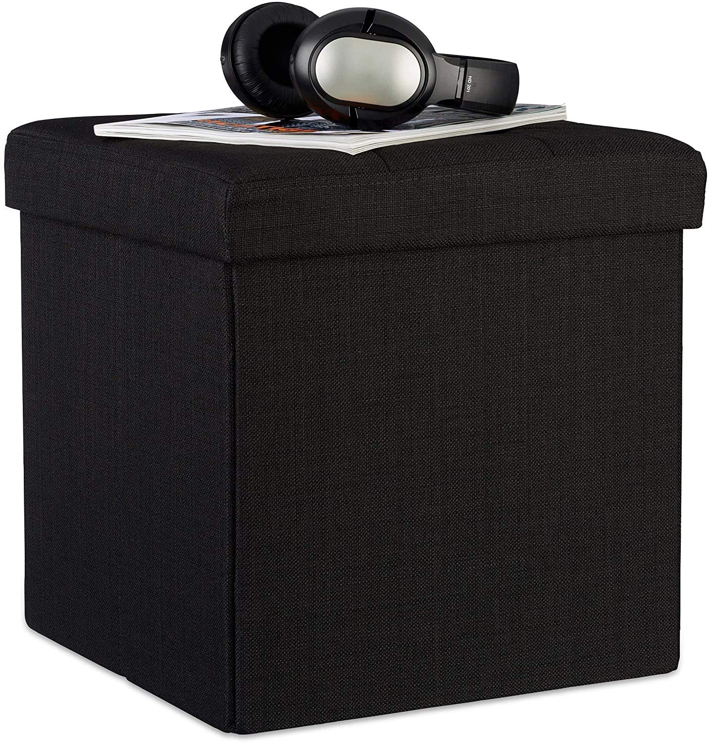 ALMAND Folding Ottoman Cube Foot Rest Office Meeting Seating Stool Box with Hidden Storage Box with Lid Pouffe Footstool Ottoman Bench for Living Room,Bedroom,Office (Pack of 2, Black)