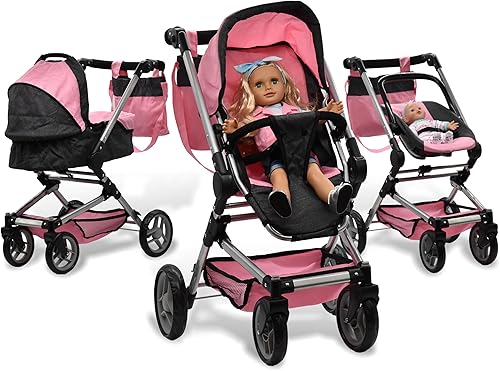 Miniatura 6 de Cochecito convertible 3 en 1 para muñeca de bebé y asiento trasero plegable para niñas y niños pequeños, ruedas giratorias, sistema de viaje