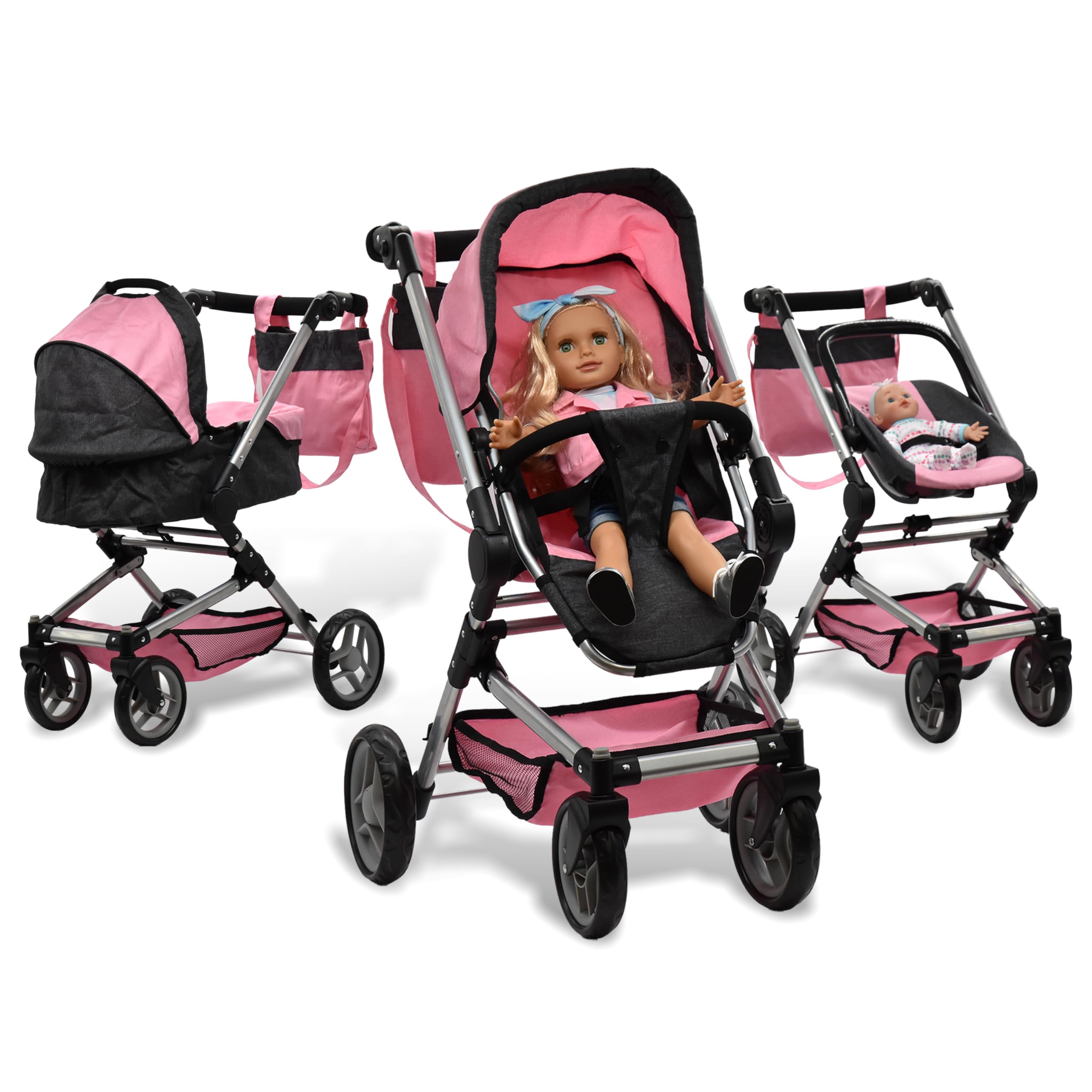 Baby Doll Convertible Stroller 3 in 1 Bassinet and Rear Facing Seat Buggy Foldable Toy Pram for Girls Toddlers Kids Swiveling Wheels Travel System Carriage Combo : Toys & Games