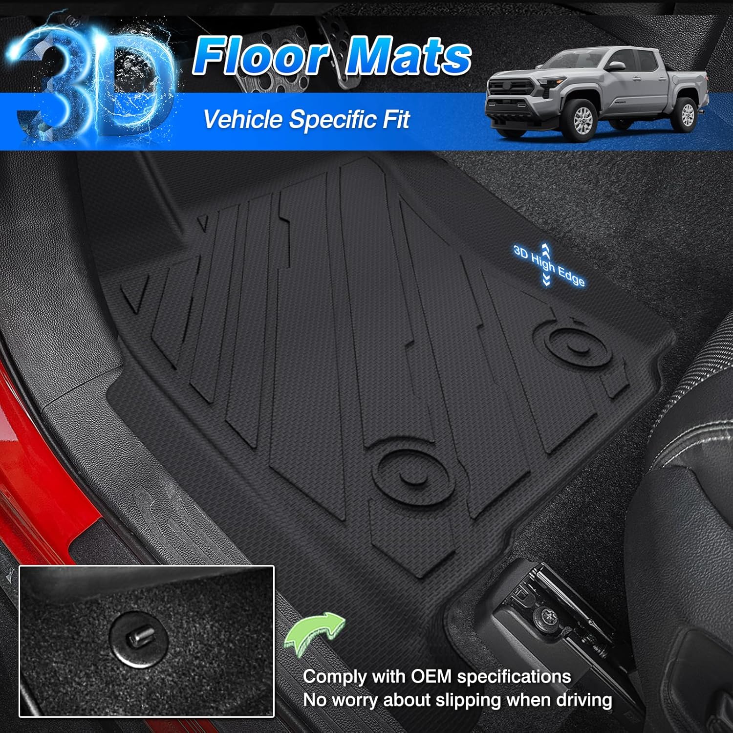 Floor Mats for Toyota Tacoma 2024 2025 2026 Double Cab Auto Tran(Not fit Hybrid), All Weather Floor Mat for Tacoma Accessories, Heavy Duty Tacoma TRD/SR/SR5/limited Car Mats, Car Accessories - Image 3