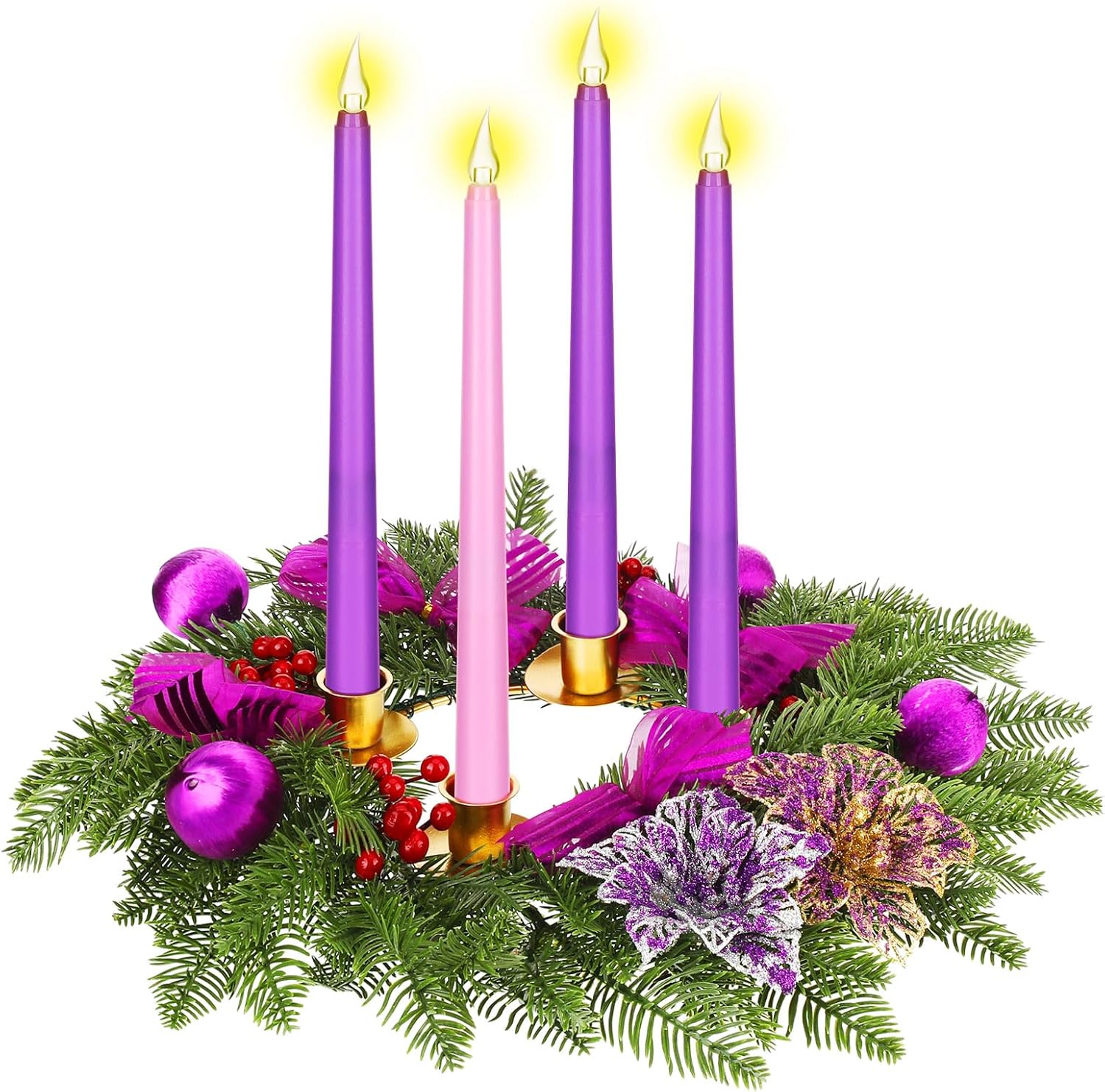 Lyrow 5 Pcs Christmas Advent Wreath with LED Flameless Candles 15.7 Inches Purple Ribbon Christmas Advent Wreath Xmas Candles Holder Decorations for Calendar Season Centerpiece