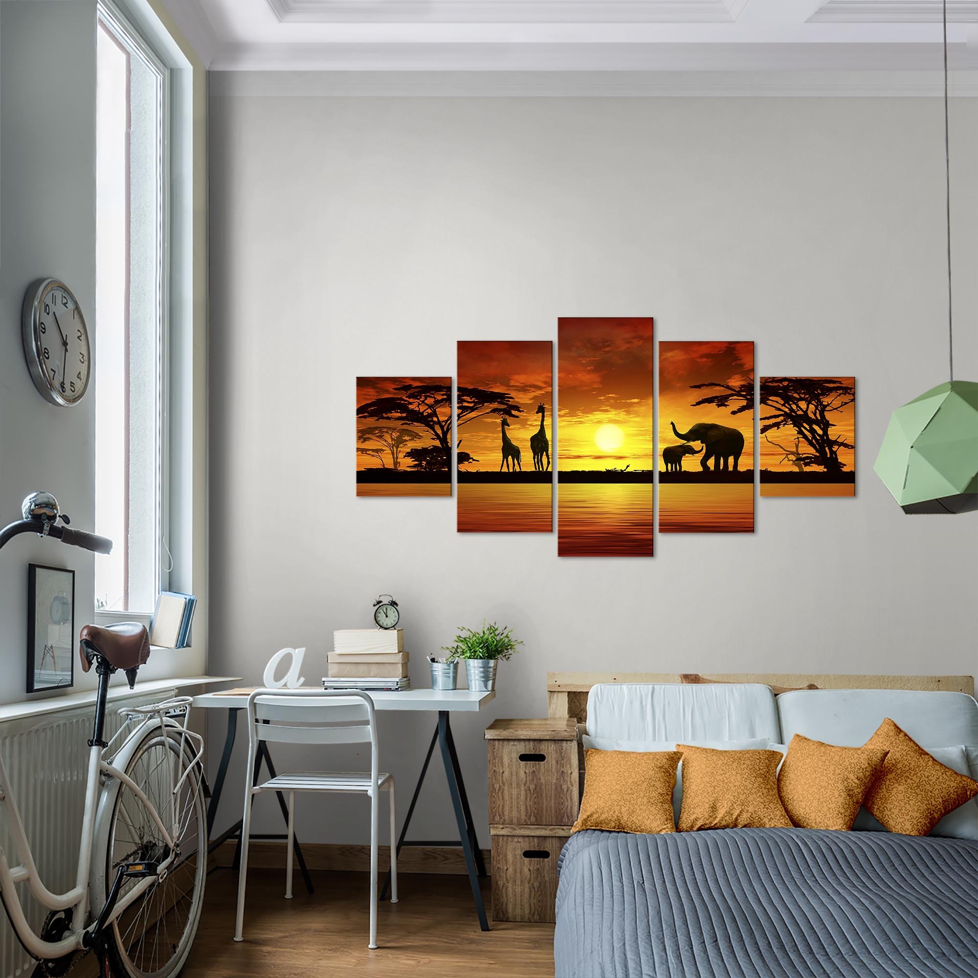 Runa Art - Tableau Afrique Le Coucher Du Soleil 200 x 100 cm 5 Parties XXL Decoration Murale Dessin Orange 000251a
