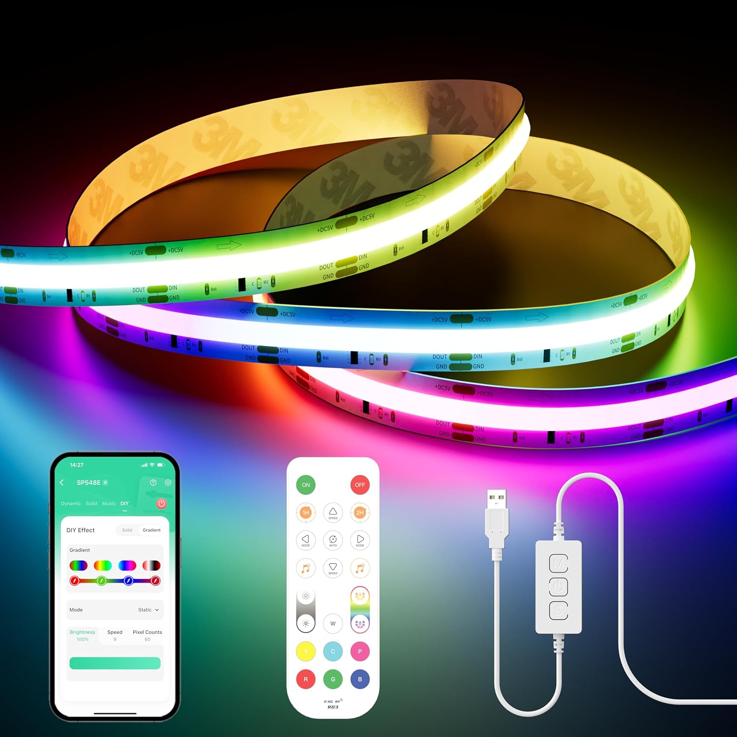 PAUTIX USB RGB Smart IC COB LED Strip 3m, 5V 1800LEDs Colour-Changing ...