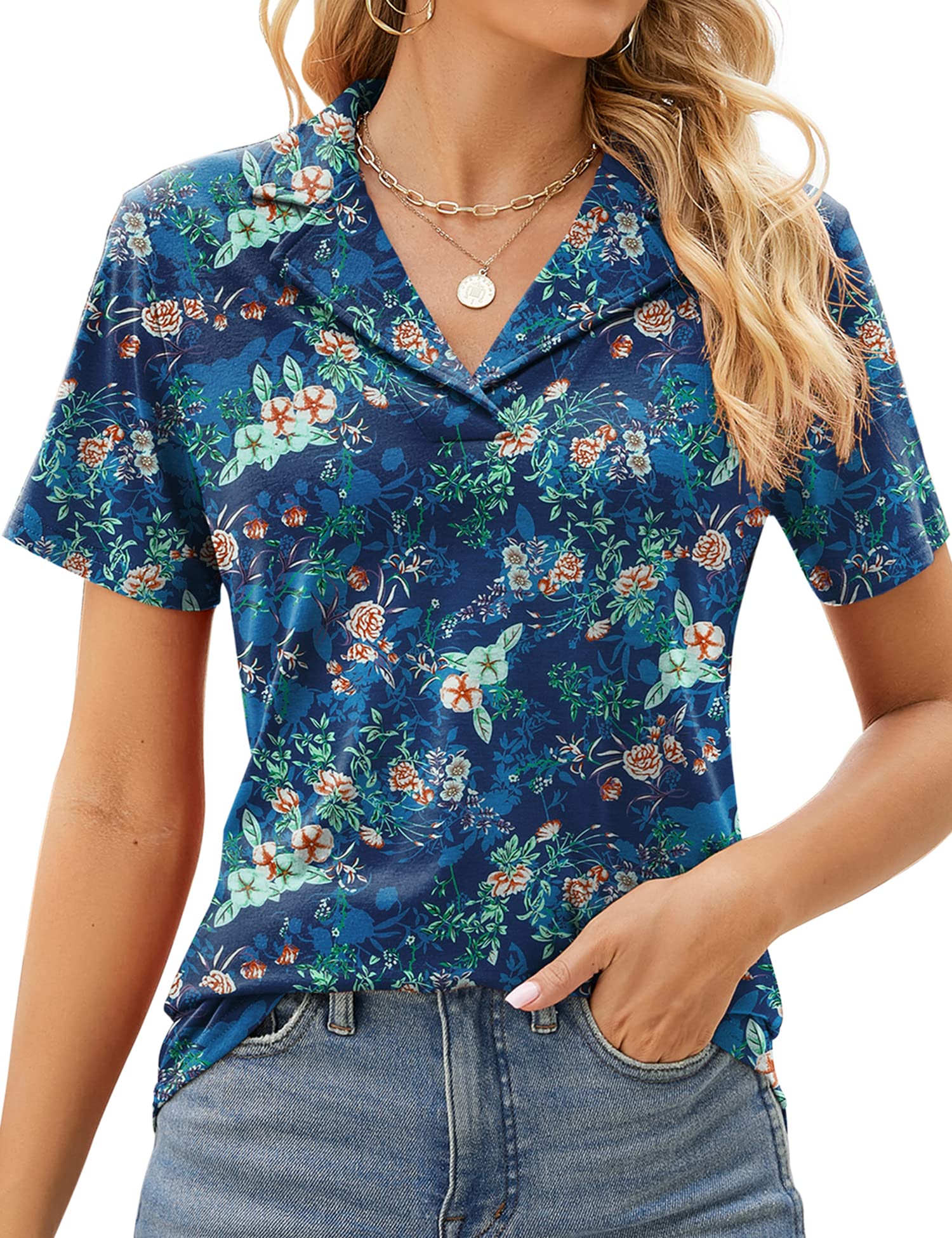 Rapbin Women's Polo Shirts Lapel Collar V Neck Short Sleeve Blouse Dressy Casual Tunic Tops