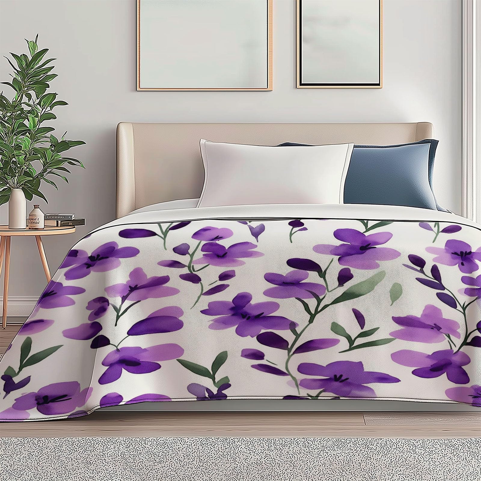 Manta con Estampado Versátil Acuarela Lavanda Flores Manta De Forro Polar De Franela Suave para Silla, Oficina, Habitación, Manta De Sherpa 220 x 240 cm para Adultos Y Niños Púrpura Blanco