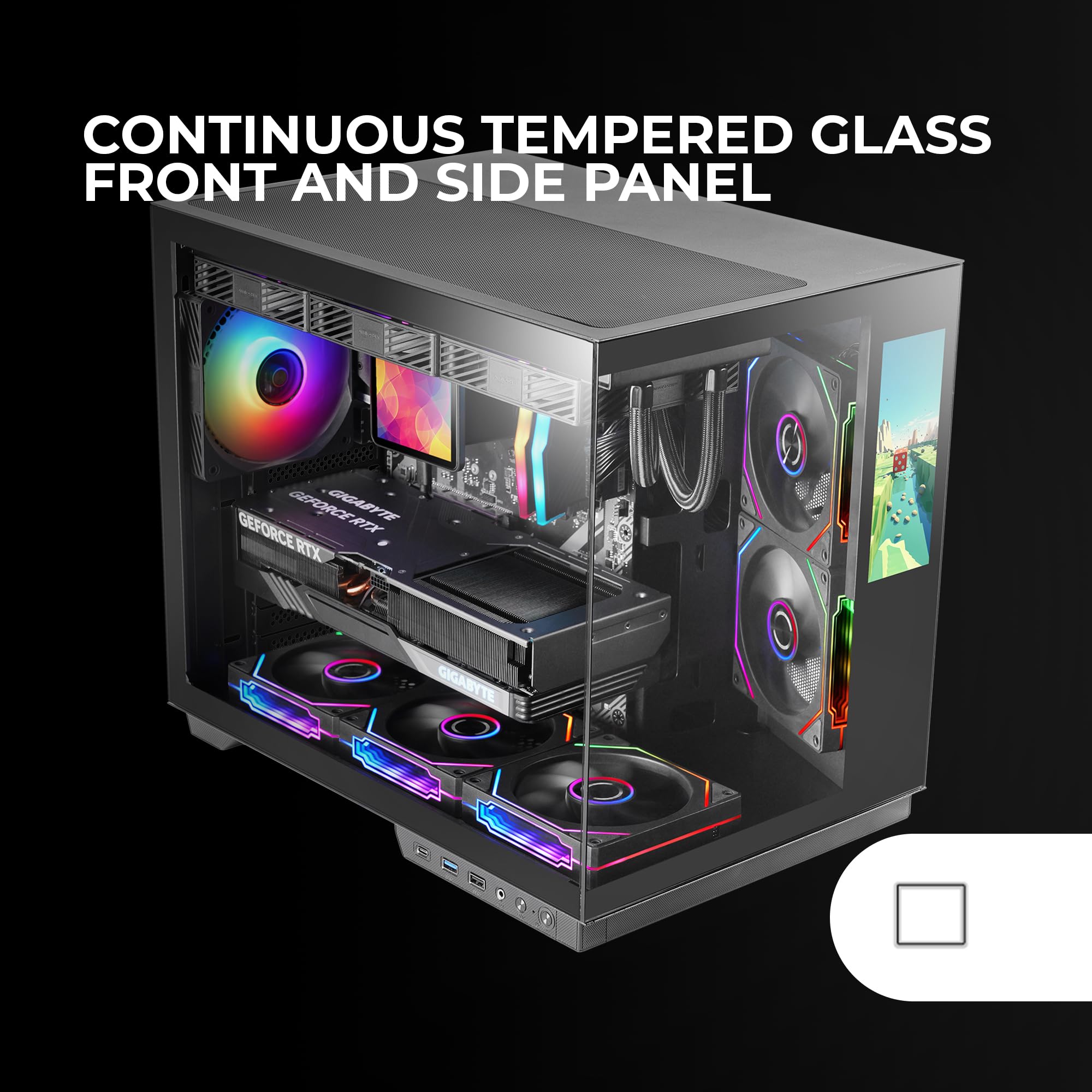 Mars Gaming MC-MIRAGE, Case Gaming ATX, Schermo LCD IPS 7,2” Personalizzabile, Vetro Temperato Continuo Frontale e Laterale, Struttura Doppia Camera, Supporto Raffreddamento Liquido fino 360mm, Nero