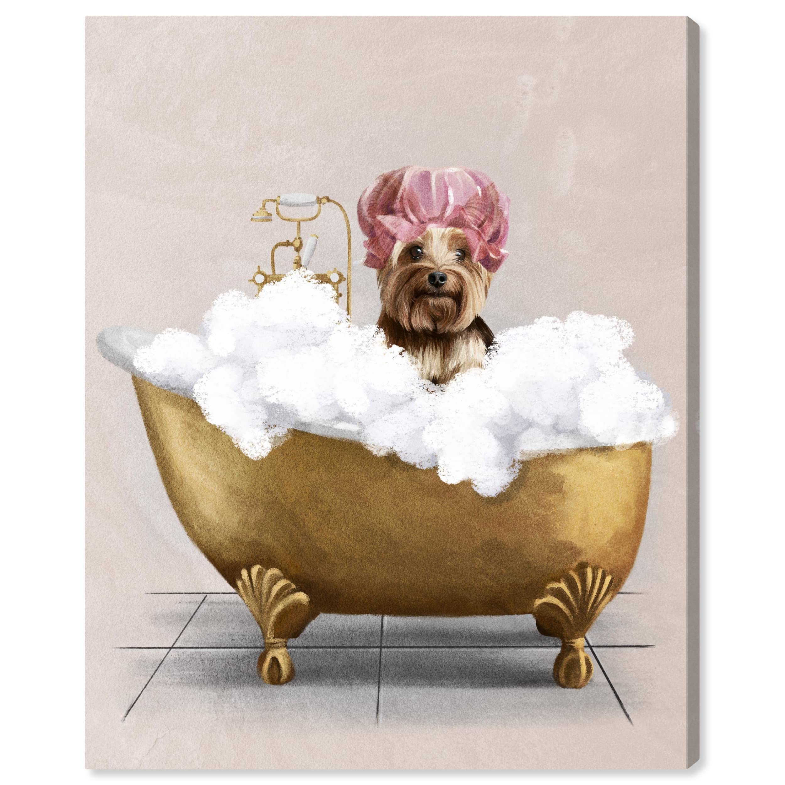 Wynwood StudioAnimals Contemporary Canvas Wall Art Bathtub Yorkie Living Room Bedroom and Bathroom Home Decor 16 in x 20 in Gold and White