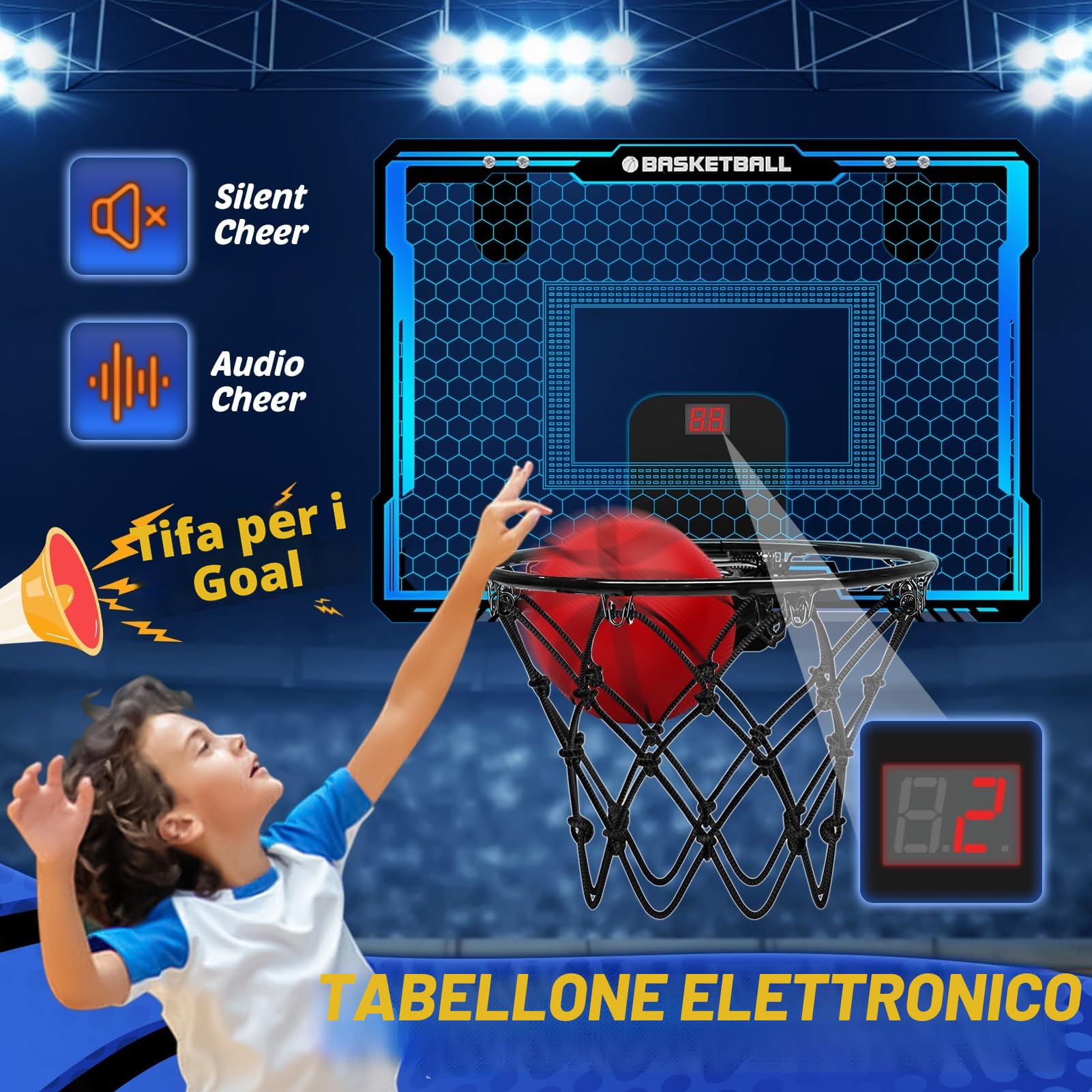 Yimore Canestro Basket da Camera, Mini Canestro Basket per Bambini Giocattoli Sportivi con Punteggio Automatico e 7 Colori LED