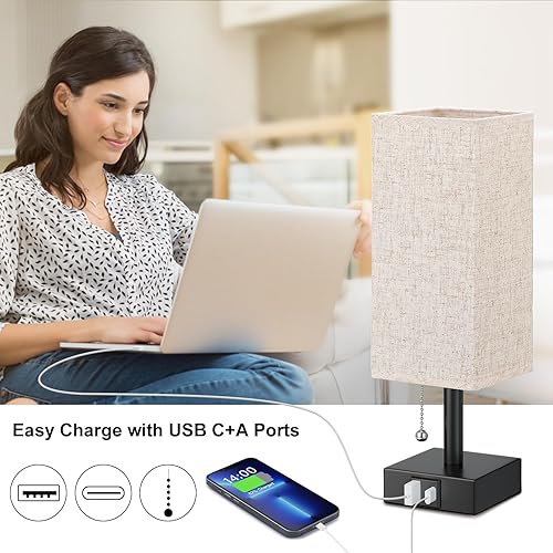 Miniatura 3 de Lámpara de noche beige con puertos USB, lámpara de dormitorio con cadena de tracción para mesita de noche, lámpara de mesa pequeña con USB C + un