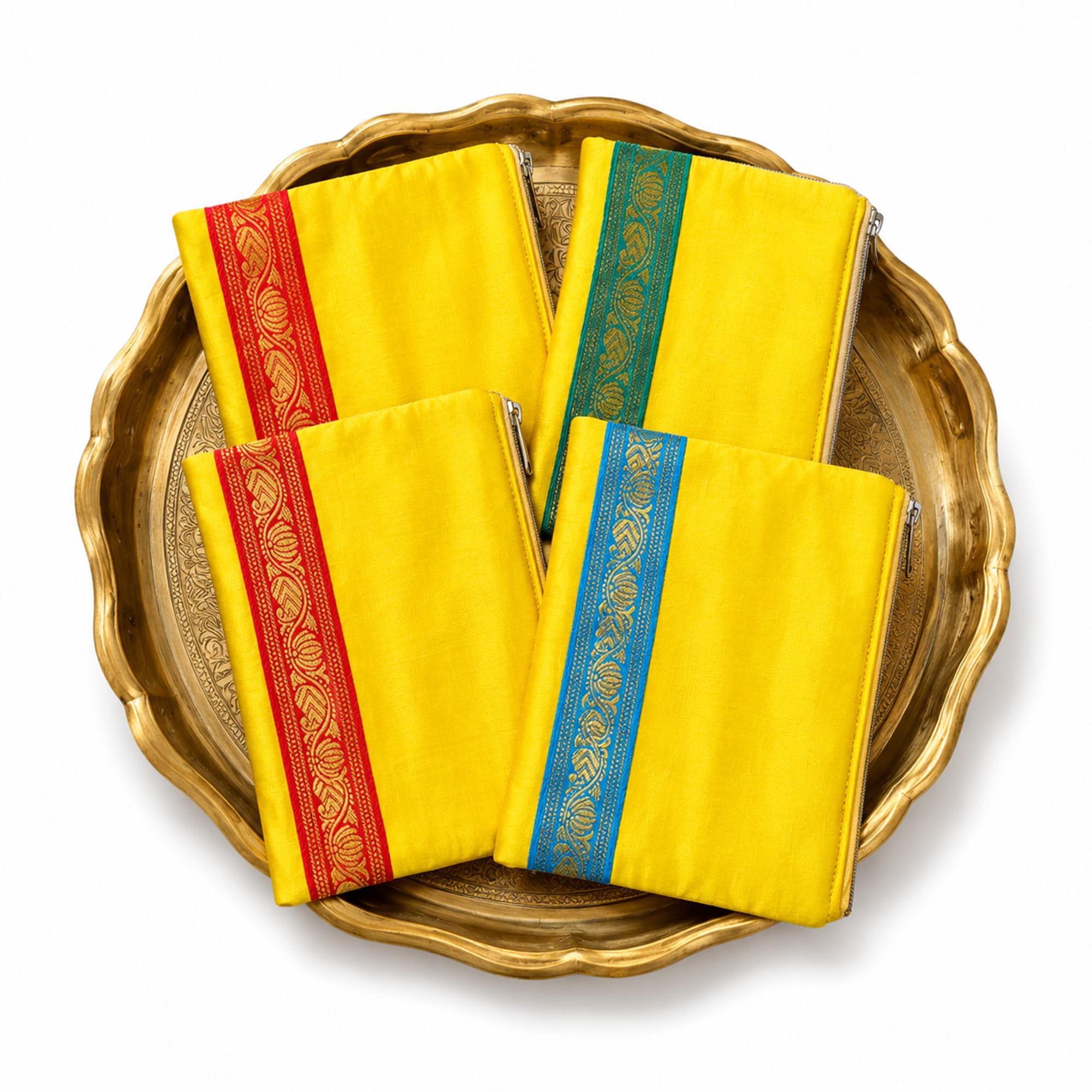 parisukkadai Traditional Silk Purse for Women Set of 4 | Ethnic Fabric Mobile Purse with Zari Border | Multipurpose Makeup Travel Utility Pouch | South Indian Return Gift Pouch | Yellow-picture-28