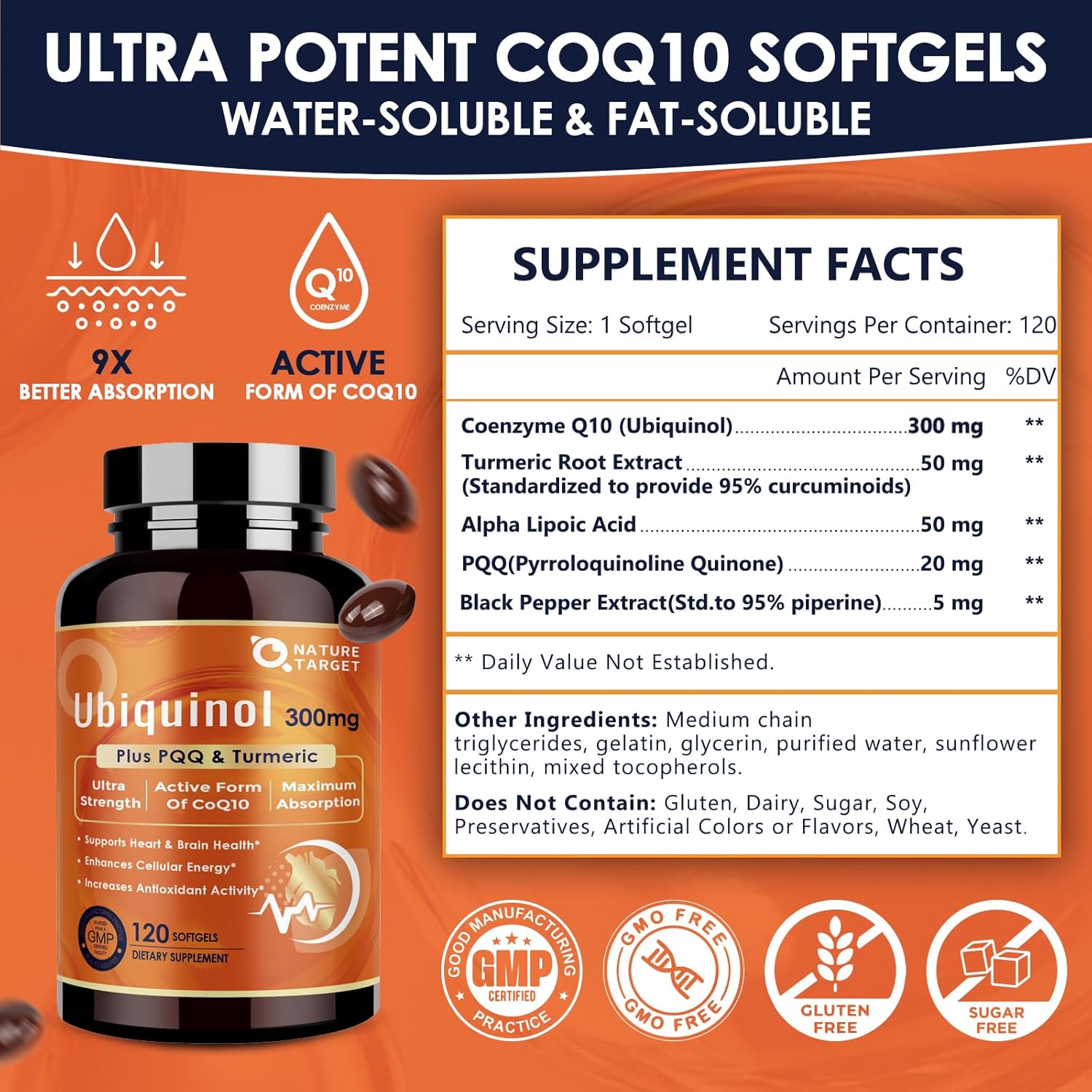 NATURE TARGET Ubiquinol CoQ10 300mg softgels with PQQ & Turmeric, High Absorption Coenzyme Q10 Supplement with ALA & Black Pepper, Antioxidant for Heart & Brain Health, Energy Production, 120 Count - Image 2