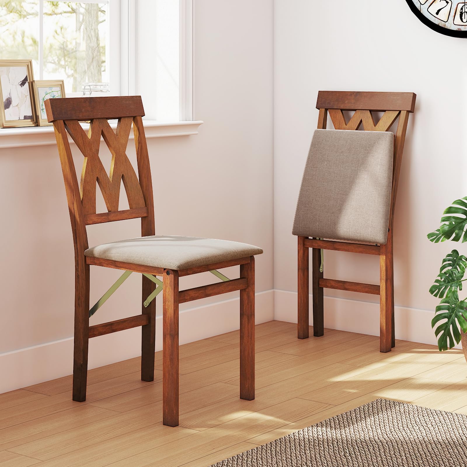 GIANTEX Juego de 2 Sillas de Comedor Plegables, Sillas de Cocina con Estructura de Madera de Caucho y Asiento Acolchado, 41x53x91cm, Carga hasta 150 kg, Ahorra Espacio (Marrón)