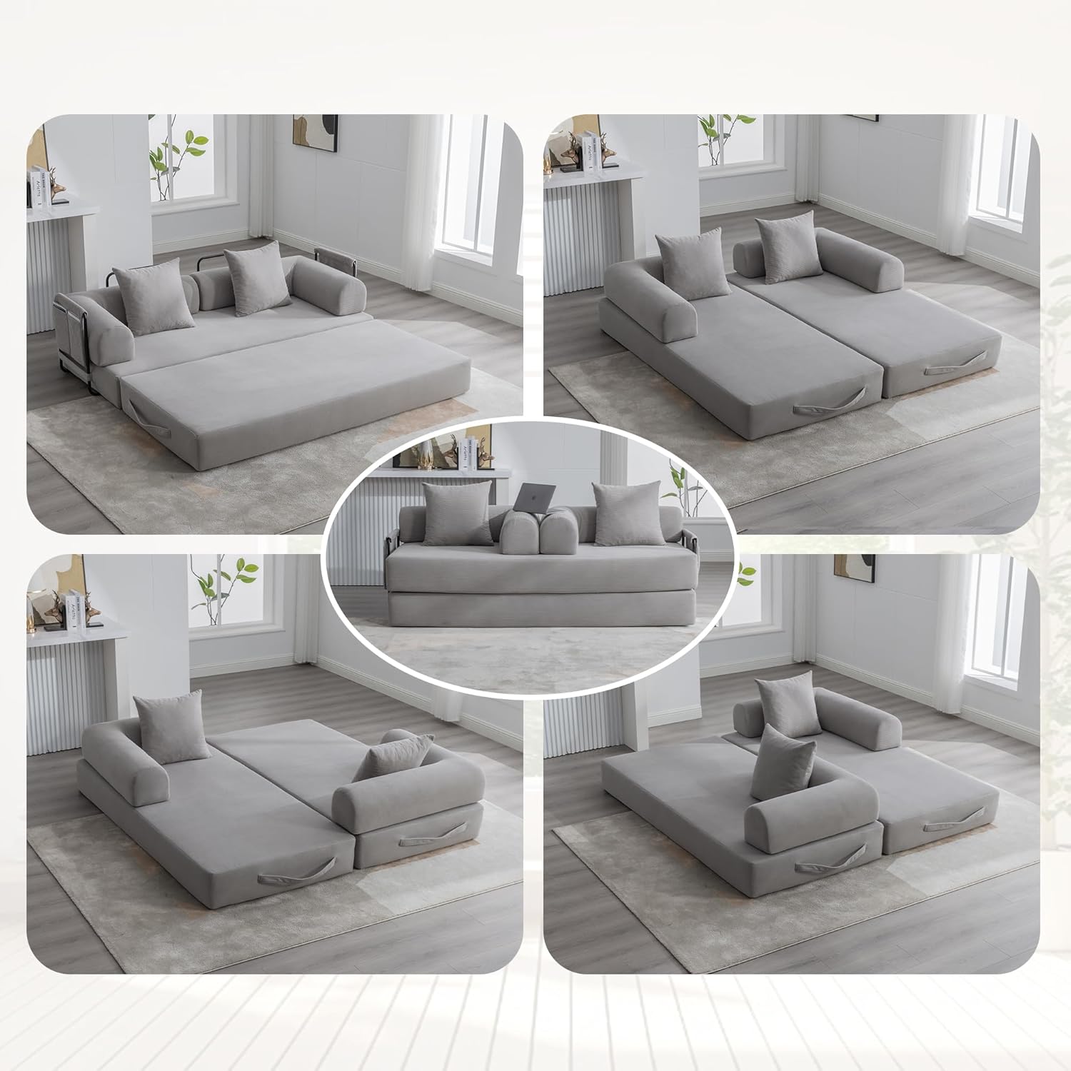 Convertible Sleeper Sofa Bed, 78.5" Folding Floor Sofa Mattress Couch with Pillows, Corduroy Futon Boneless Couch Lounge Loveseat with Pull Out Bed, Light Gray