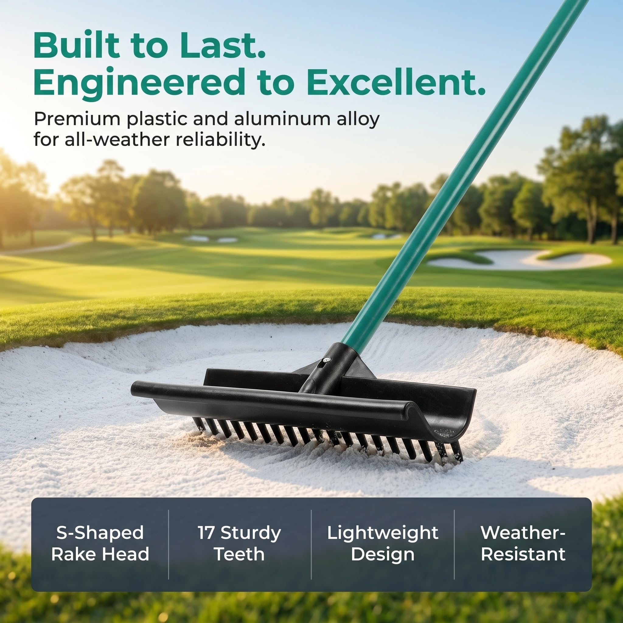 Rastrello bunker da golf, reversibile a forma di S, rastrello da giardino con manico in alluminio, per bunker di sabbia da golf, driving range, pulizia delle foglie del prato e manutenzione del