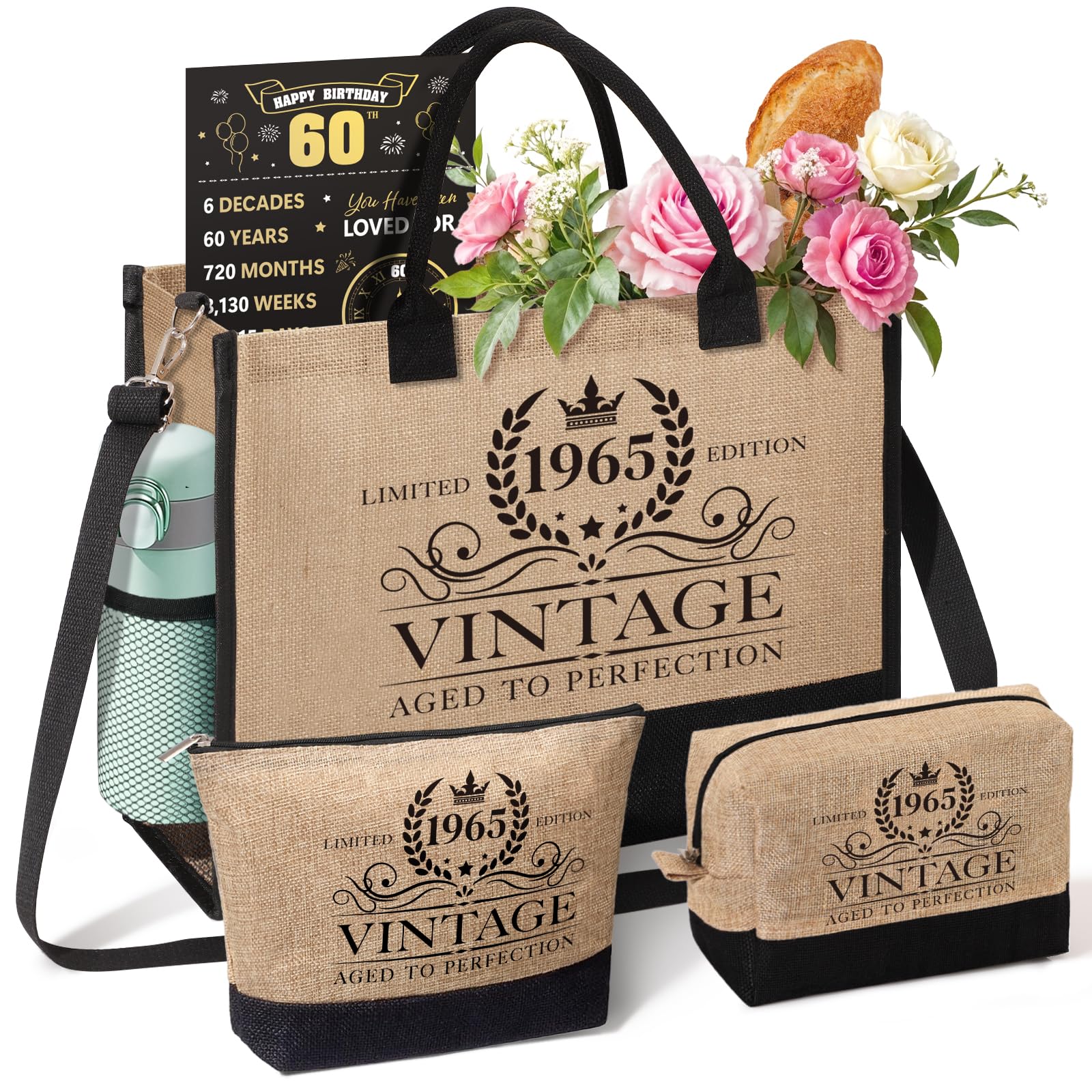 60th Birthday Gifts for Women, Vintage 1965 Reusable Grocery Tote Bag Beach Bag & Back in 1965 Poster, Personalized 60 Years Old Gifts for Wife Mom