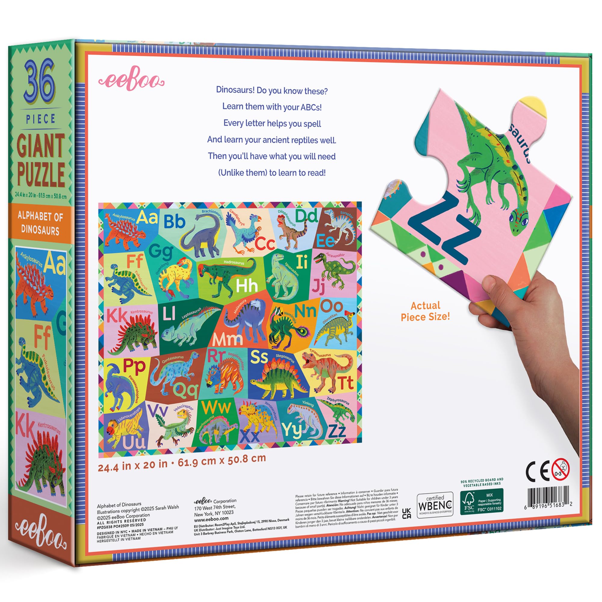 eeBoo: Dinosaurier-Alphabet-Puzzle, 36 Teile, 26 x 21 cm, prähistorisches Boden-Puzzle, übergroße Teile, pädagogischer Dino-Aussprache-Leitfaden für Kinder ab 3 Jahren