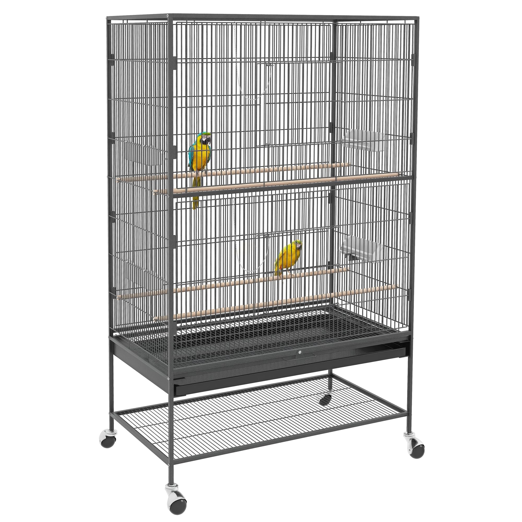PawHut Klatka ptasia z 2 drzwiami, kółkami dla ptaszków 94x57x153 cm Szara | Woliera, 4 grzędy, miska, wyjmowana tacka, stalowa klatka, dla papug falistych