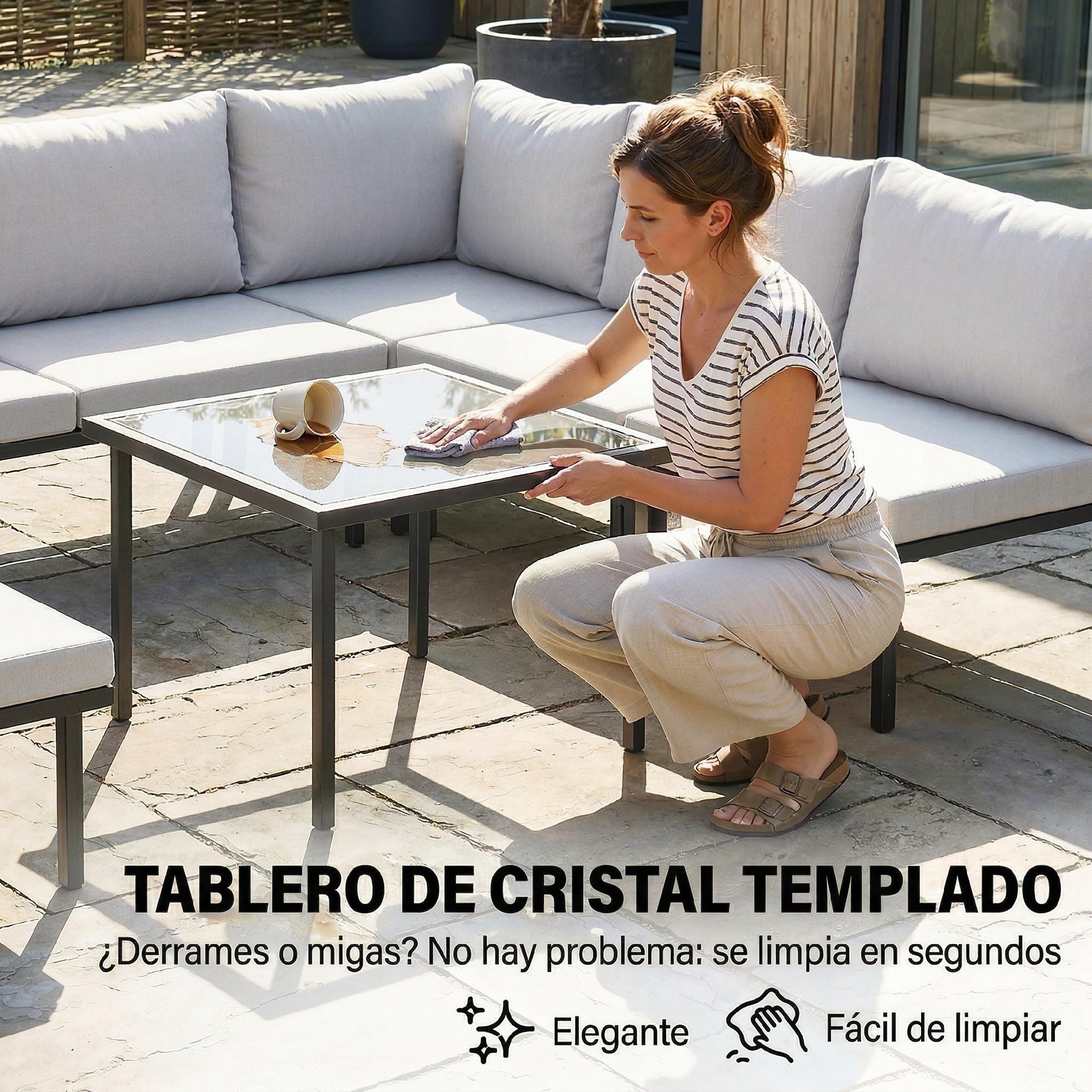 Outsunny Conjunto de Muebles Jardín Exterior 6 Piezas Sofá Gris Claro | Seccional Forma de L, Sofá de 2 Plazas, 2 Sillones, Reposapiés, Mesa con Tapa de Vidrio, Cojines, Módulo de Esquina