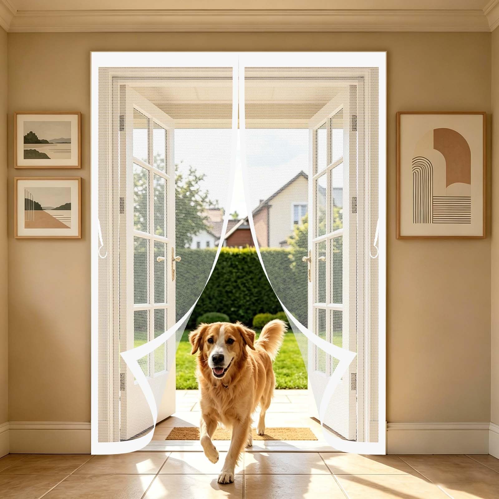 Guoyfen White Magnetic Screen Door 138 X 193 Cm With Powerful Magnets And Full Frame Magic Tape, Hands Free Closing Magnetic Door Screen Fly Curtains For Doors For Kitchen Bedroom,