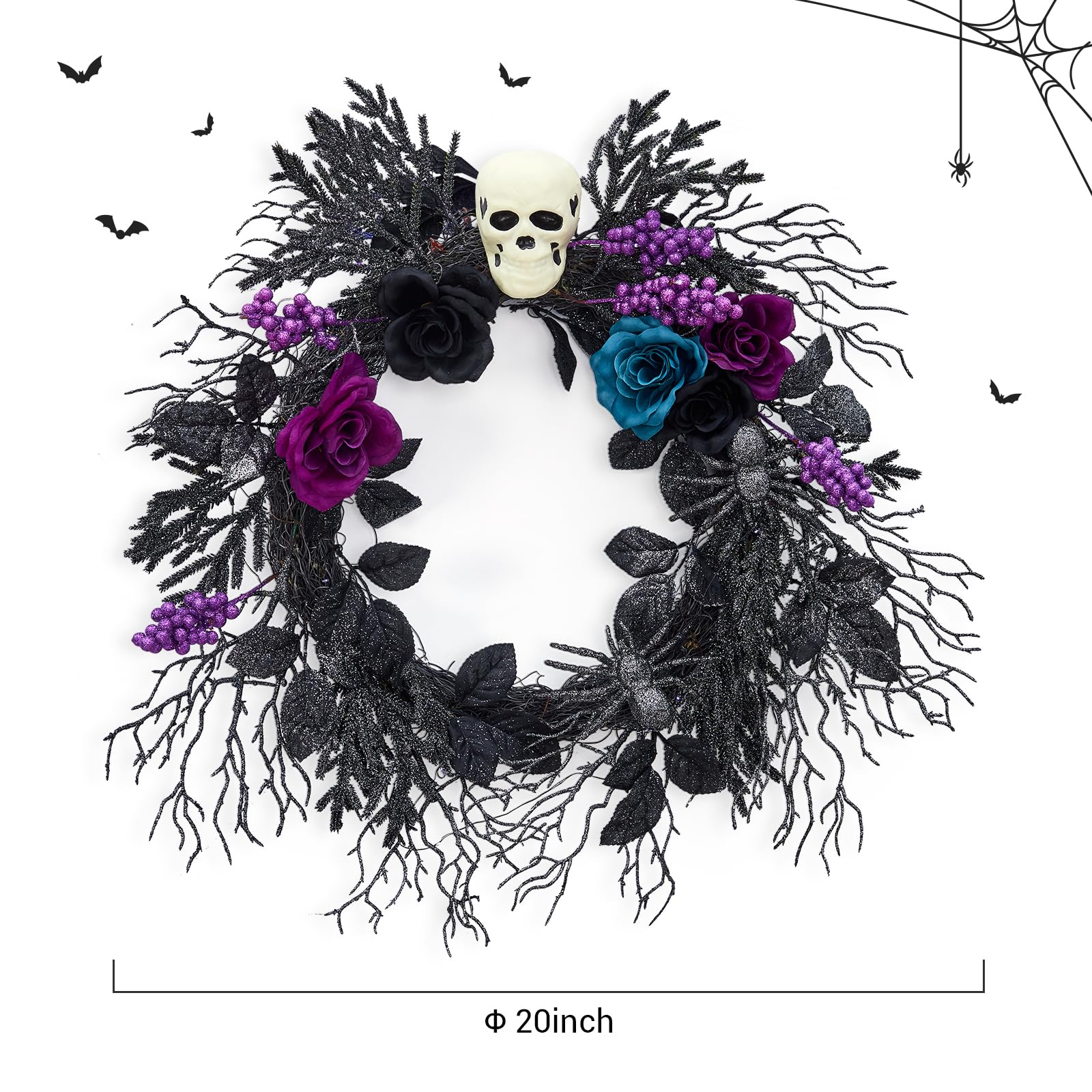 GarveeLife Wieniec z czaszką na Halloween na drzwi wejściowe ze światłami, 50 cm, wstępnie oświetlony, czarny, fioletowy, różany pająk, gotycka girlanda, przerażająca dekoracja, do domu, na ścianę,