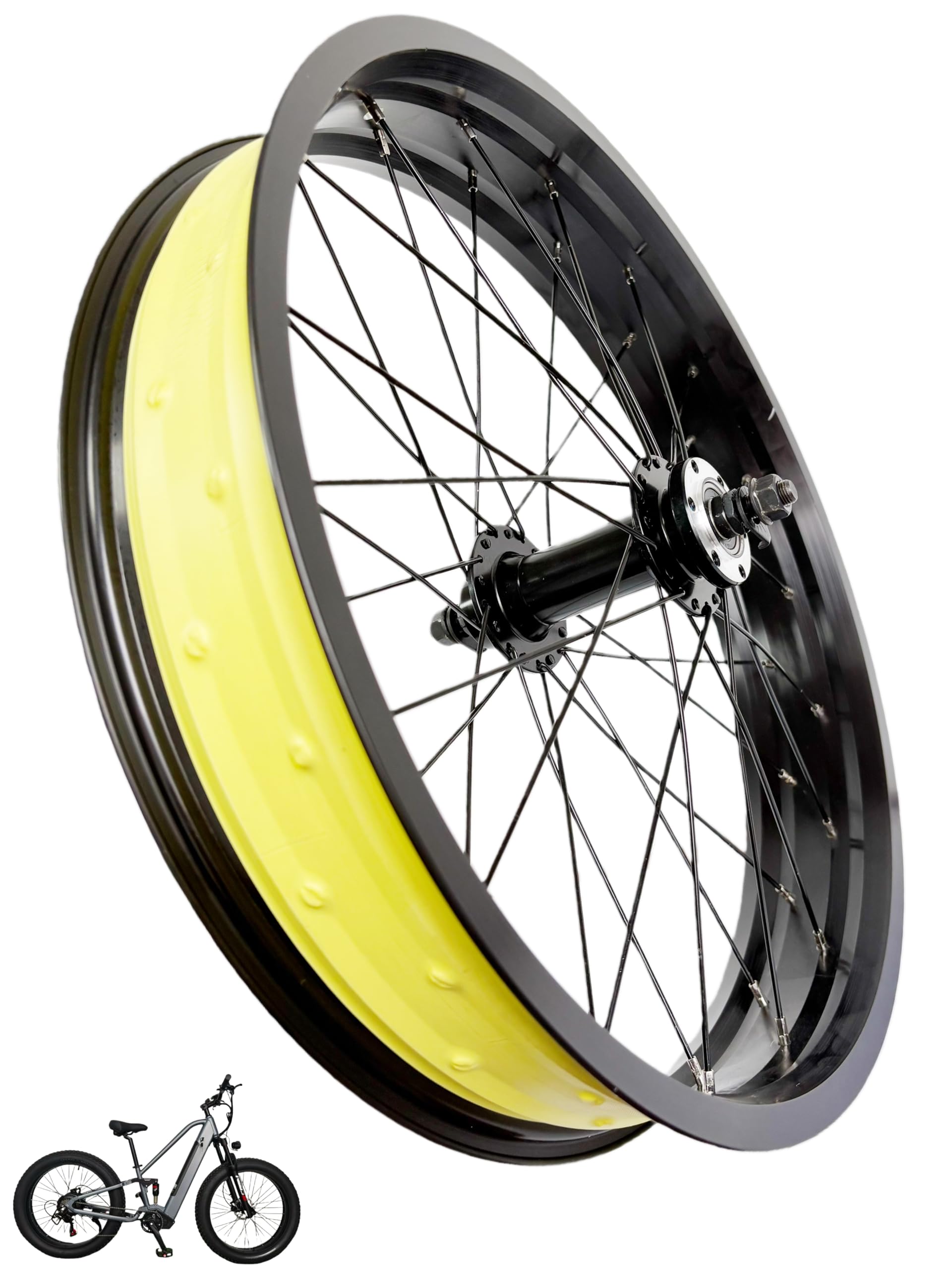 20/26×4.0 Front Fat-Bike Wheel, 36H Double-Wall Alloy Rim, 135 mm Bolt-On Hub, 13G Spokes, Disc-Brake Ready – Snow/Sand/E-Bike Conversion Kit