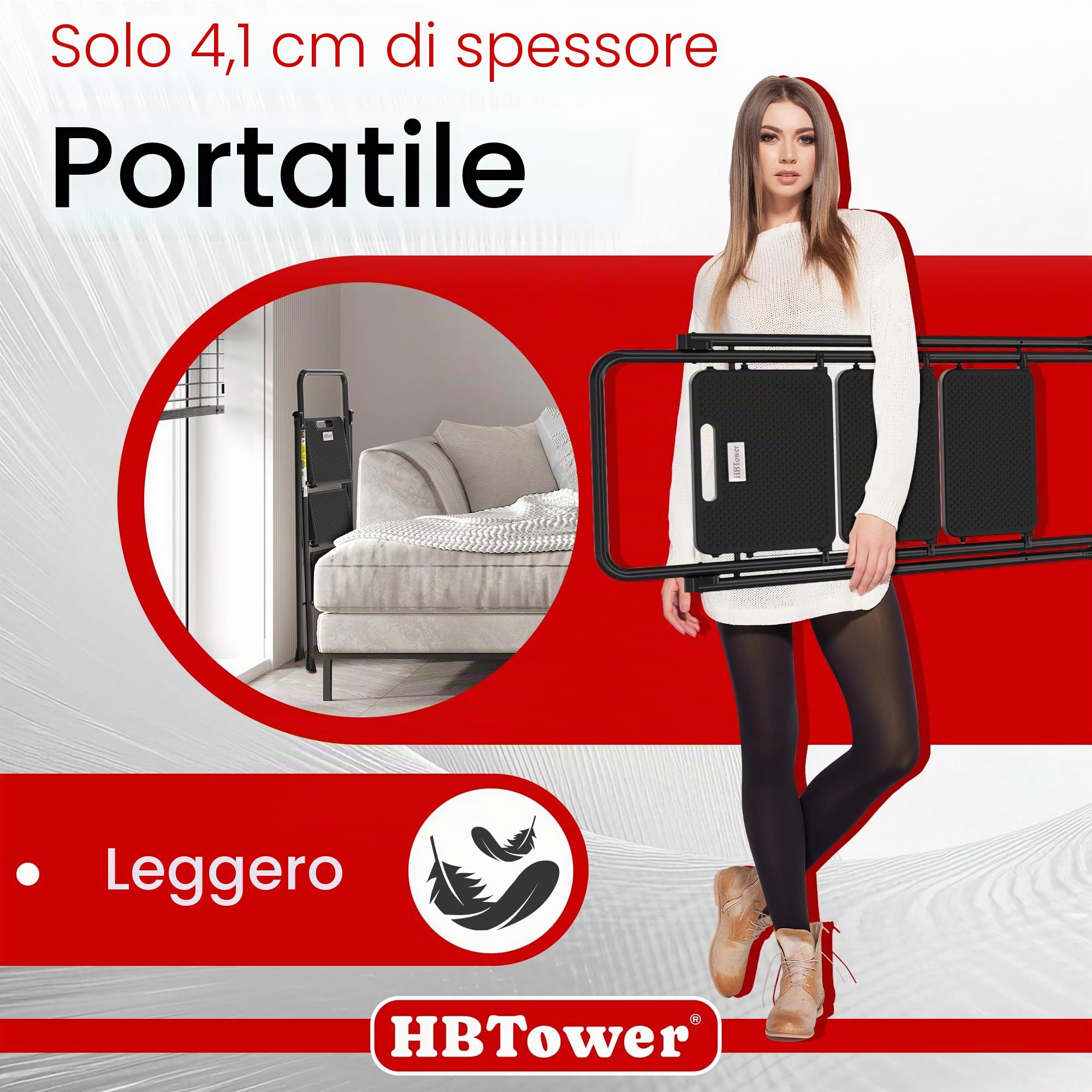 HBTower Scala 3 Gradini Pieghevole, Pedane Antiscivolo con Corrimano Confortevole, Scala Portatile in Acciaio, Nero