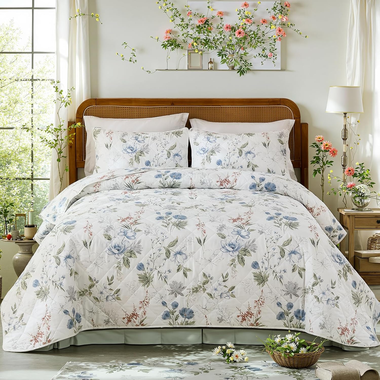 Green Floral Quilt Set Queen Size 100% Cotton Quilt Bedding Sets - Green Flower Leaf Print Botanical Bedding - Lightweight Coverlet Ultra Soft Bedspread Set with Pillowcases for All Season