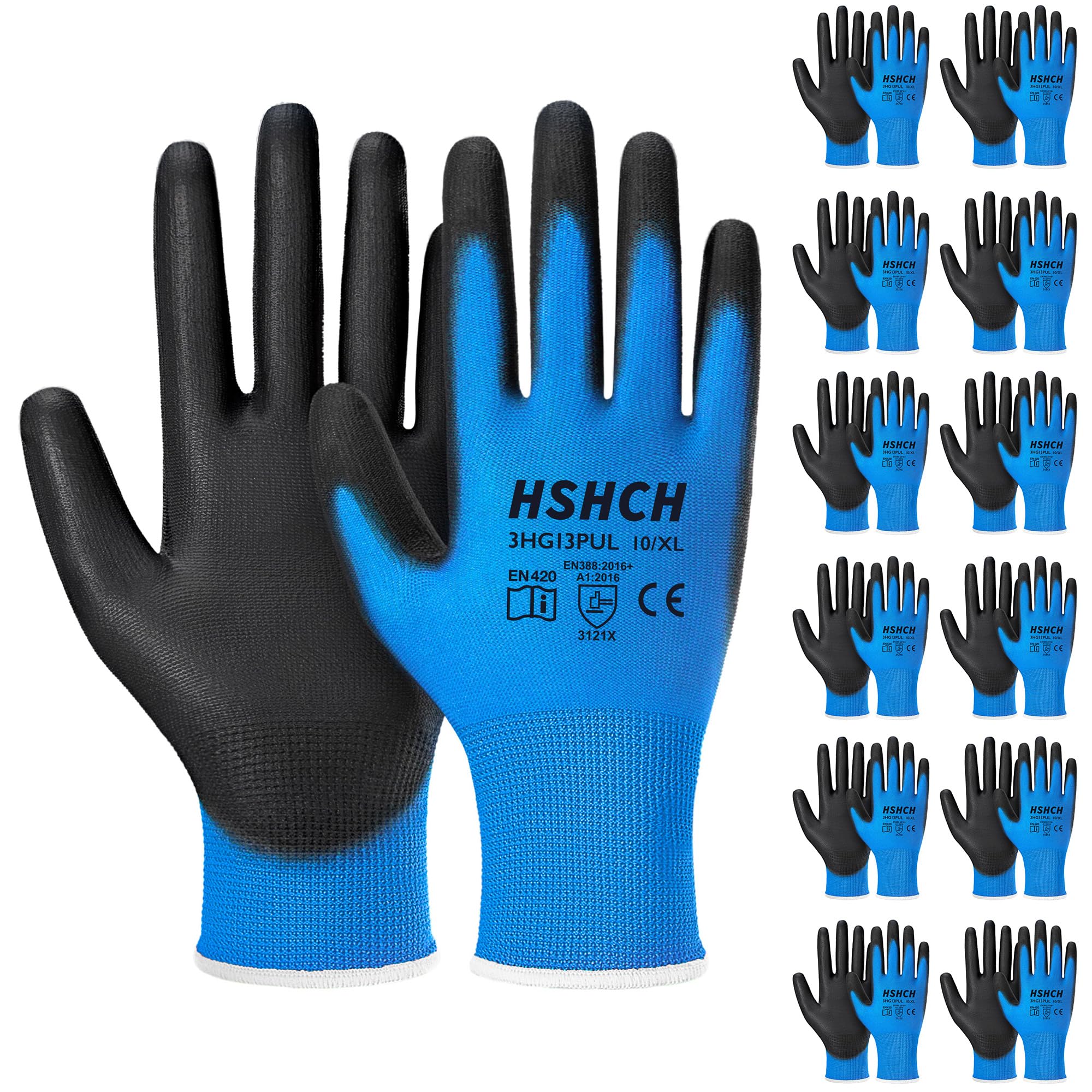 Lot de 12 paires de gants de travail pour homme et femme, gants de sécurité en tricot sans couture avec revêtement en polyuréthane, parfaits pour un usage général, un entrepôt, une voiture, le