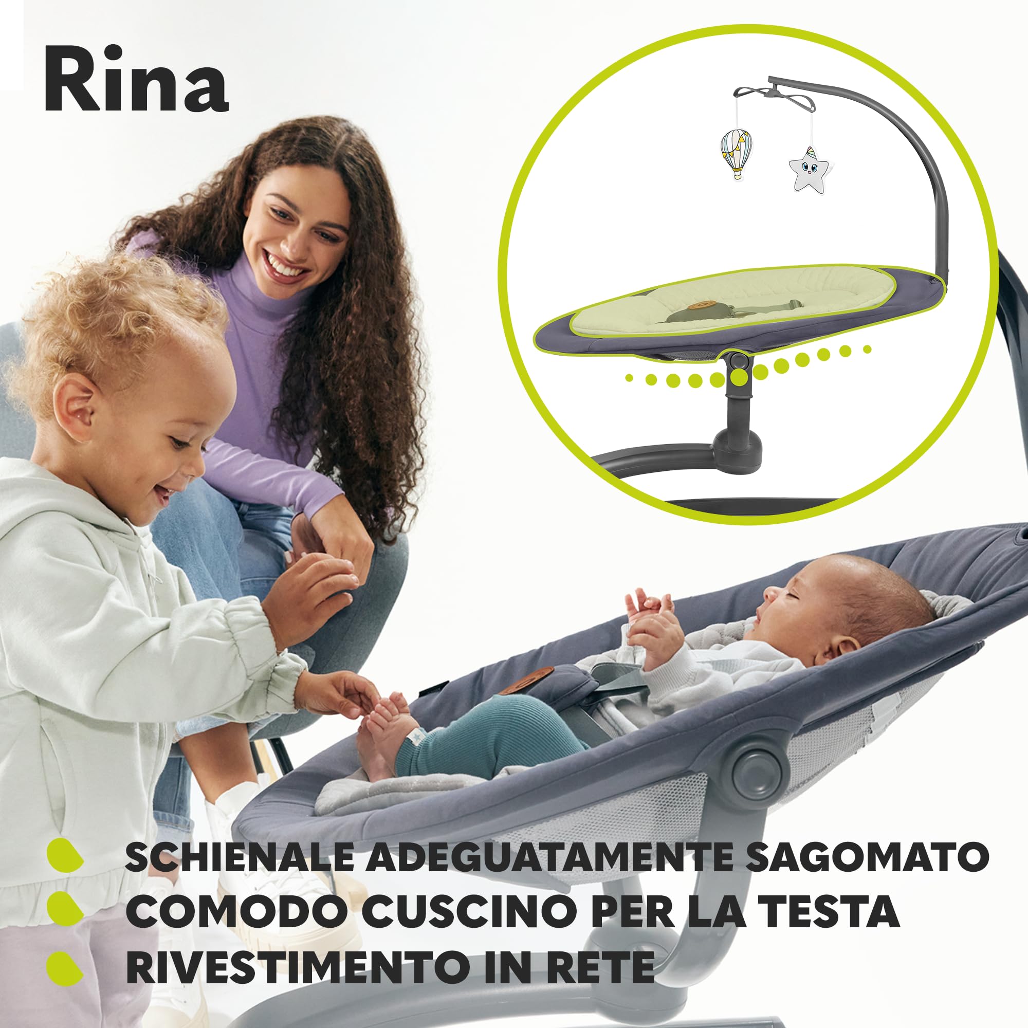 LIONELO Rina Altalena Elettrica 2 in 1 Girevole a 360° per Neonati da 0 Mesi | 2 Direzioni di Oscillazione, 5 Velocità, 12 Melodie, Telecomando, Schienale Regolabile, Timer, Funzionamento Silenzioso