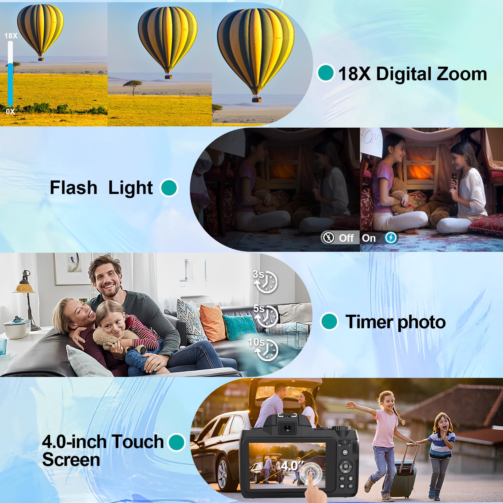 Cámaras digitales para fotografía de enfoque automático, cámara de vlogging WiFi de 64 MP con doble lente, pantalla táctil, zoom digital de 18X, cámara de viaje con parasol para lente, tarjeta de 32