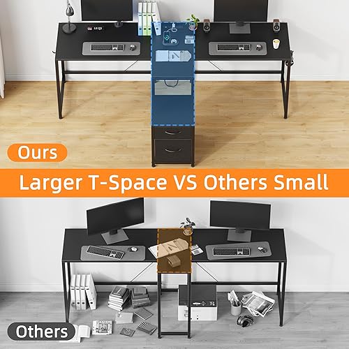 Miniatura 4 de Escritorio en forma de T para 2 personas con toma de corriente, mesa larga para juegos para dos personas con cajones LED y de tela, escritorios de