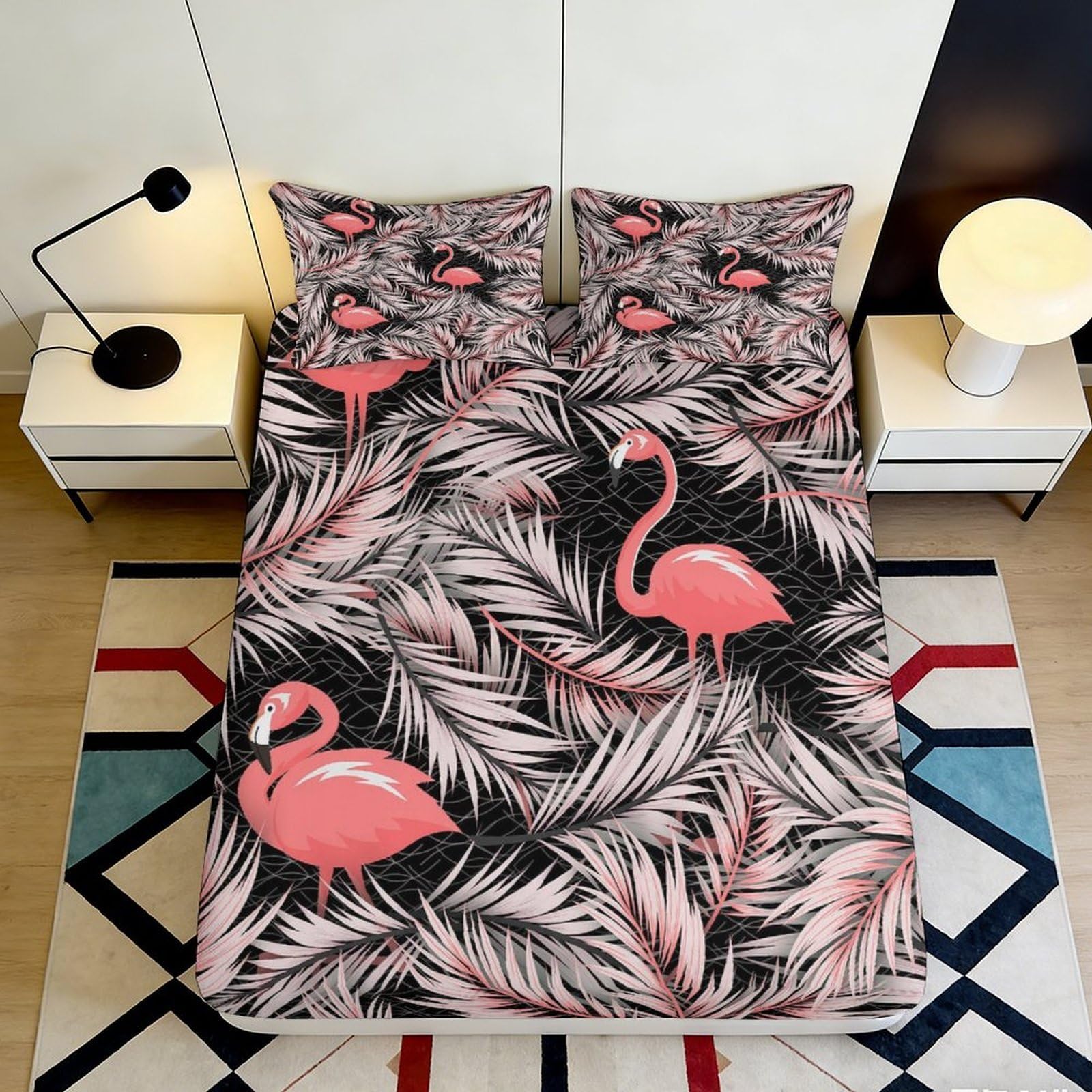 3D Printed Tropical Flamingo Fitted Sheet Microfiber Deep Pocket Non-Slip Flamingo Bedroom Mattress Fitted Cover for Adults Teens 140x200x25cm