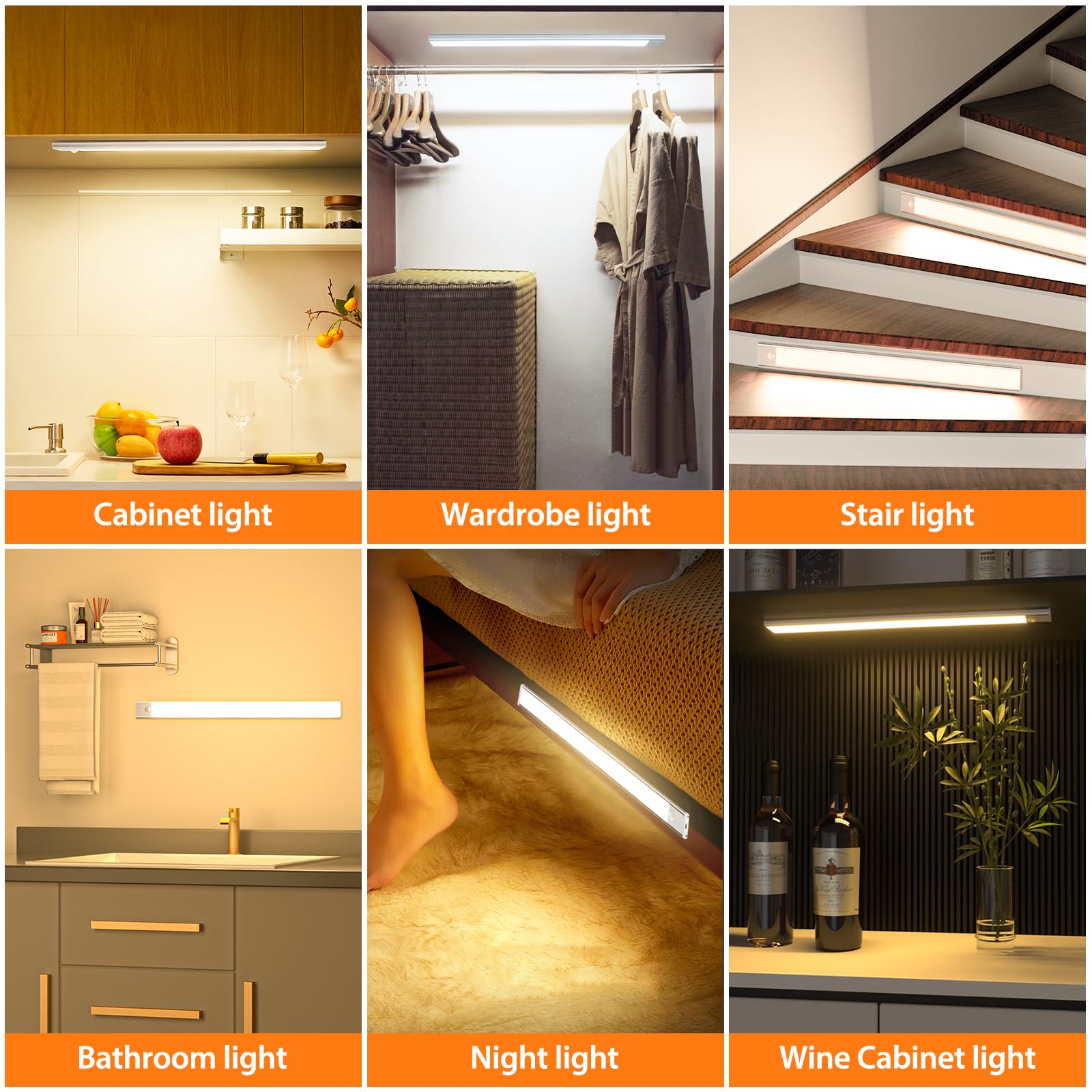 Luz de Armario Sensor Movimiento con 3 Colores Temperatura, 41CM Recargable Lampara LED Adhesiva, Regulable Luz Nocturna para Cocina,Gabinete,Escalera,Sótano,Garaje-1PCS