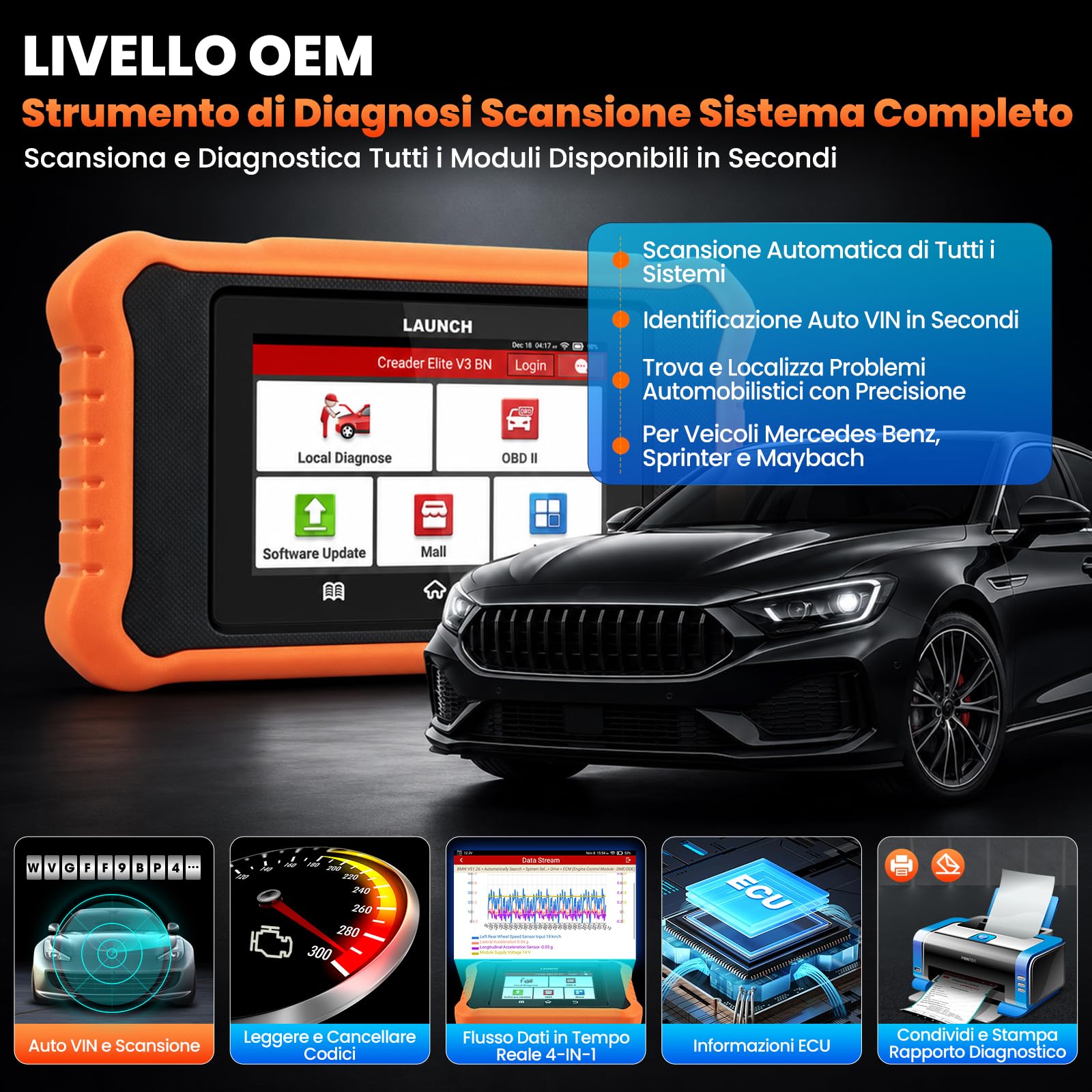 LAUNCH X431 Elite V3.0 OBD2 Diagnosi Auto di Sistema Completo per Benz per Maybach per Sprinter, 50+ Funzione di Reset, Bidirezionale Diagnostica Auto, Codifica ECU, Aggiornamento a Vida