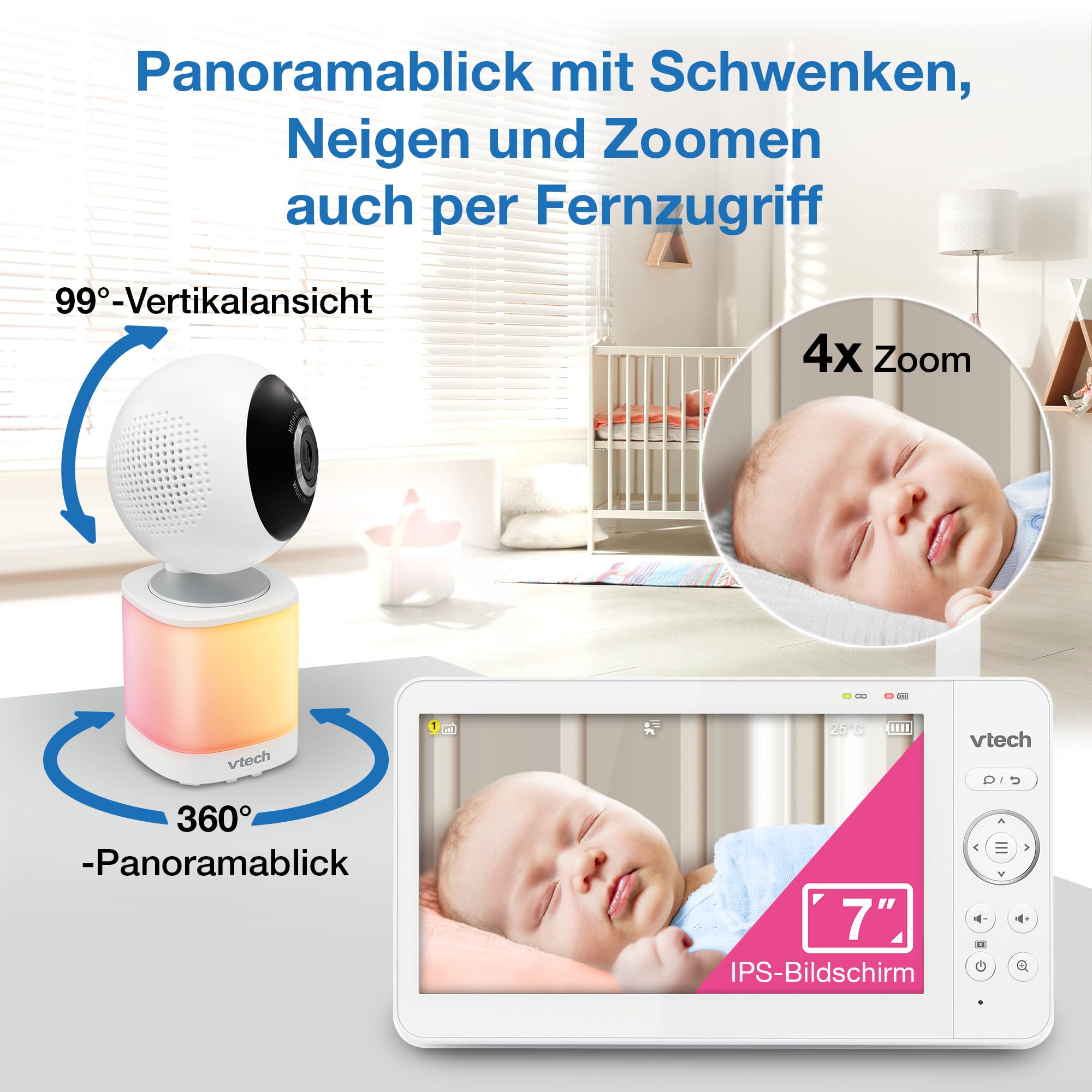 VTech Video-Babyphone mit 7" Farb-LCD-Bildschirm,360°-Panoramablick,Schwenken/Kippen/Zoom,Wiegenlieder&beruhigende Geräusche,Nachtlicht,Gegensprechfunktion,Touch-Bedienung,VM7468-2 mit Zwei Kameras