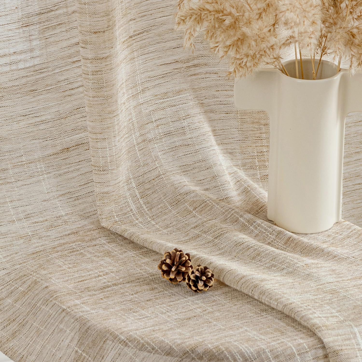 Woaboy Cortinas de Lino Visillo Corta Semitransparente Cortinas Dormitorio Modernas con Ojale para Ventana Salón Habitación 2 Piezas 140x175cm Natural