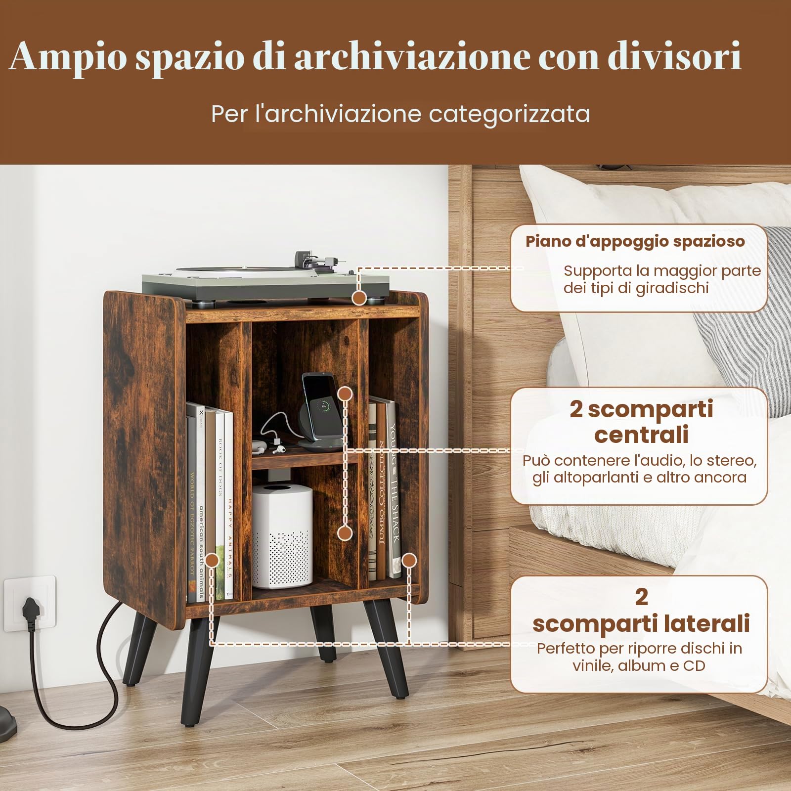GIANTEX Tavolino da Letto Mobile Giradischi con Base di Ricarica, Comodino Camera da Lettocon Scomparti in Vinile, Comodino Smart per Soggiorno, Camera da Letto, Marrone, 43x34,5x67,5 cm