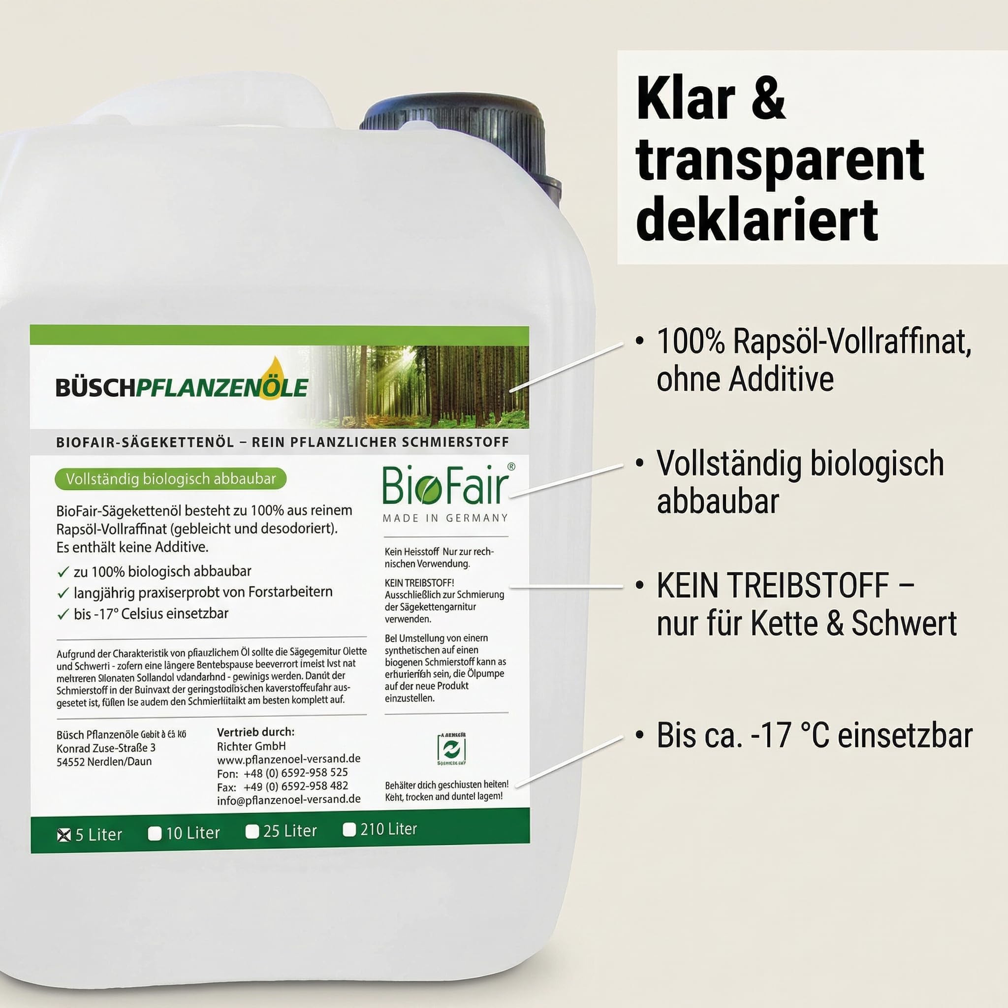 BioFair Sägekettenöl (5 Liter) aus 100% reinem Rapsöl-Vollraffinat